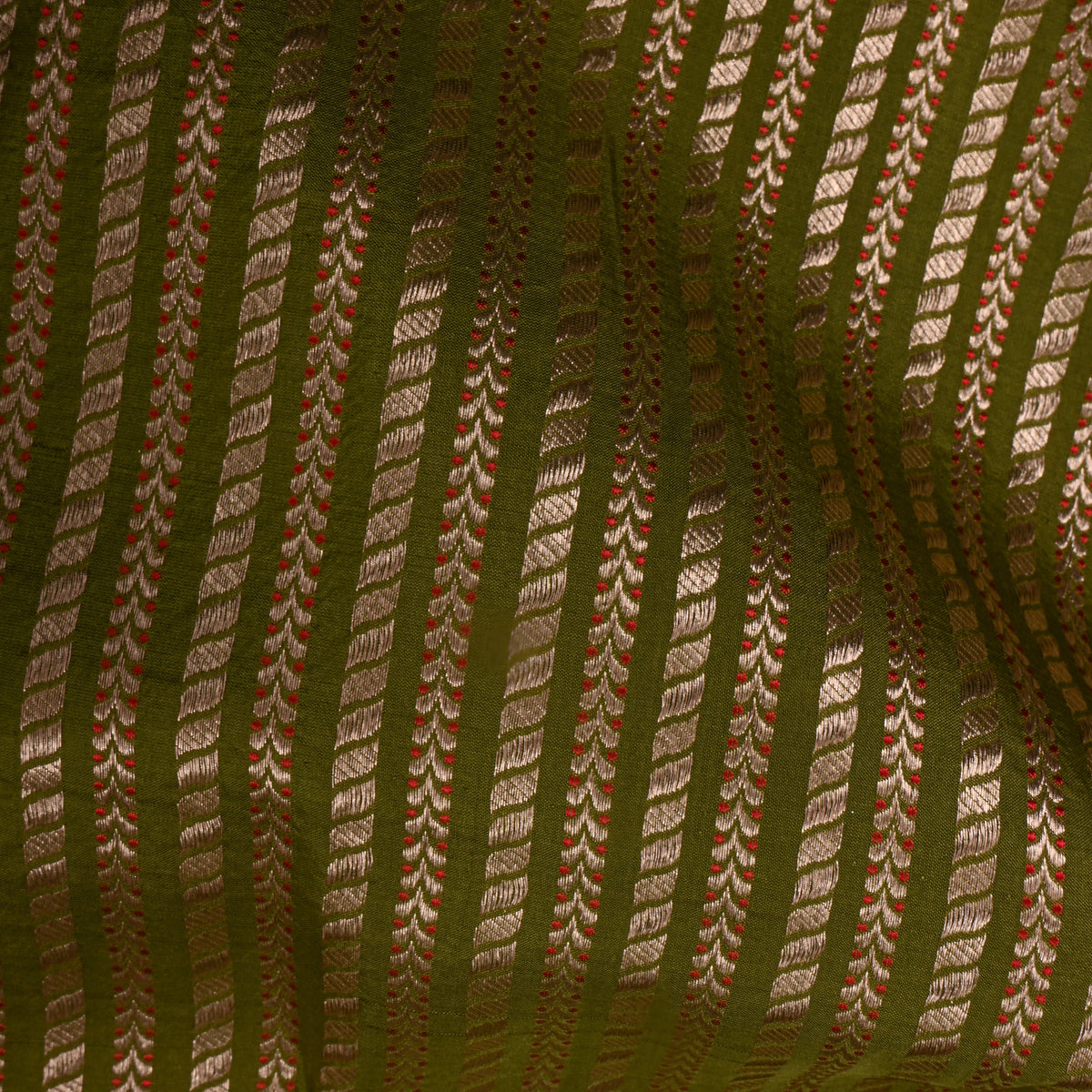 Olive Green Gold Striped Leaf Weave Banarasi Silk Fabric