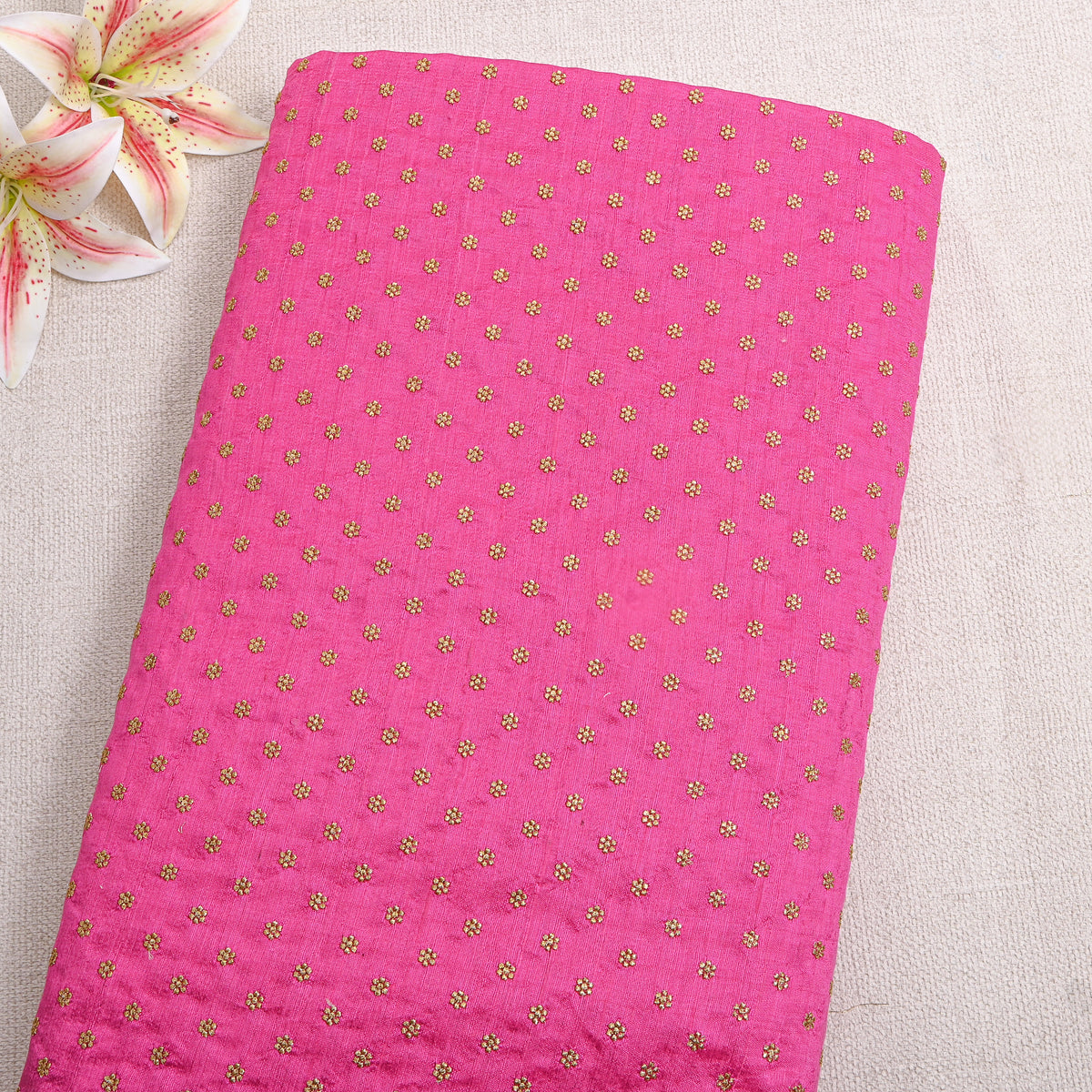 Blush Pink Gold Zari Butti Raw Silk Fabric