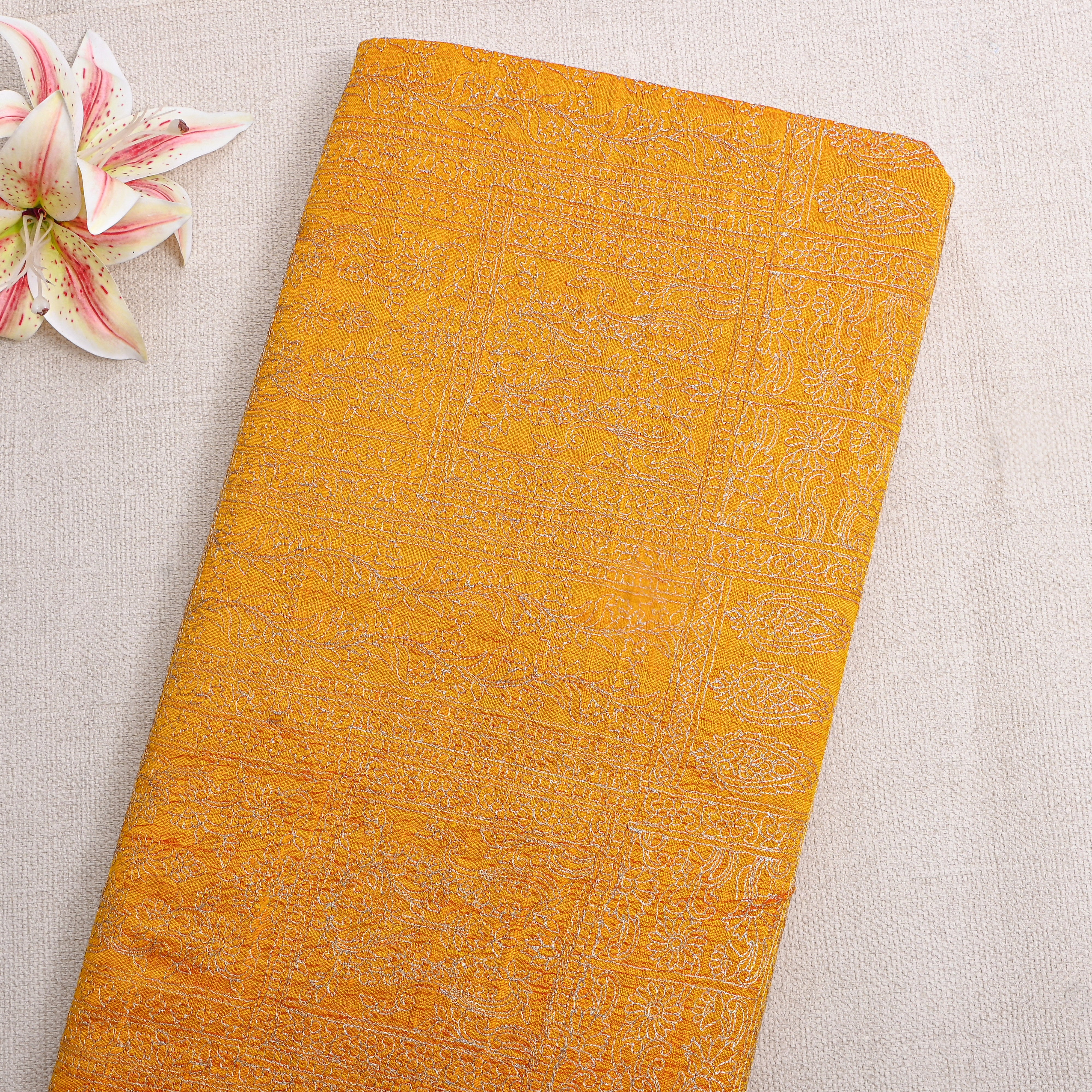 Bright Yellow Raw Silk With Geometric Thread Work Embroidery
