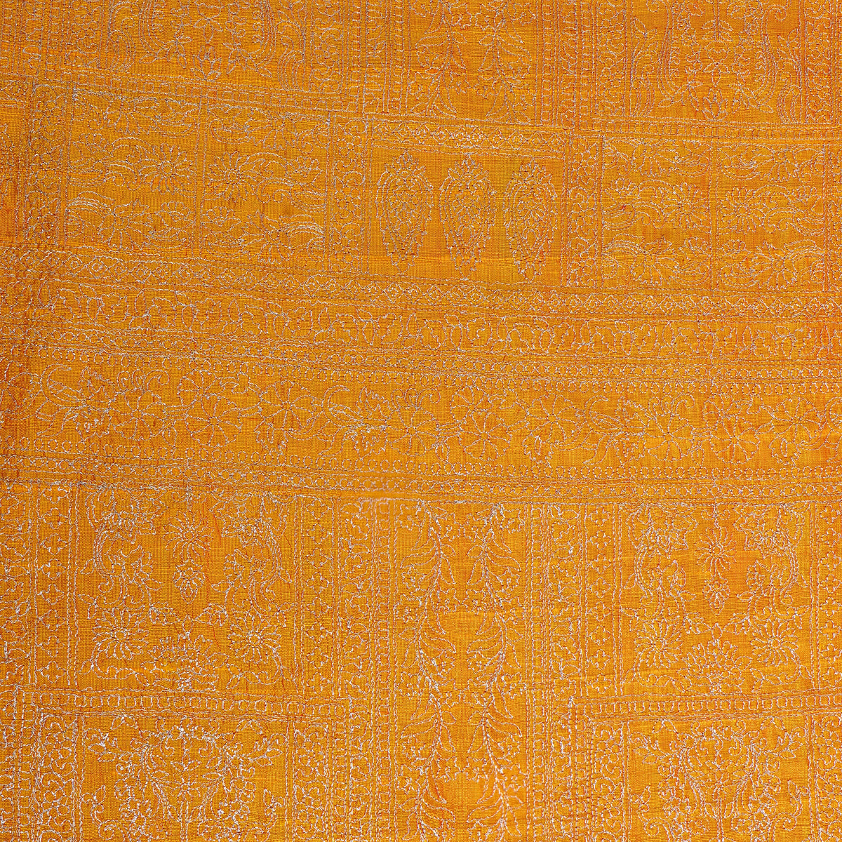 Bright Yellow Raw Silk With Geometric Thread Work Embroidery