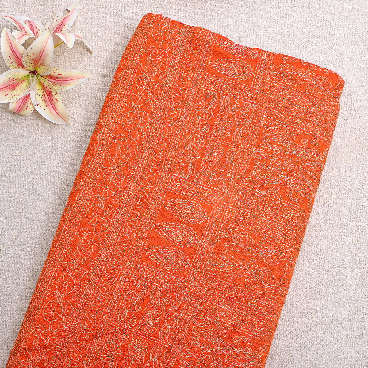 Bright Orange Raw Silk With Geometric Thread Work
