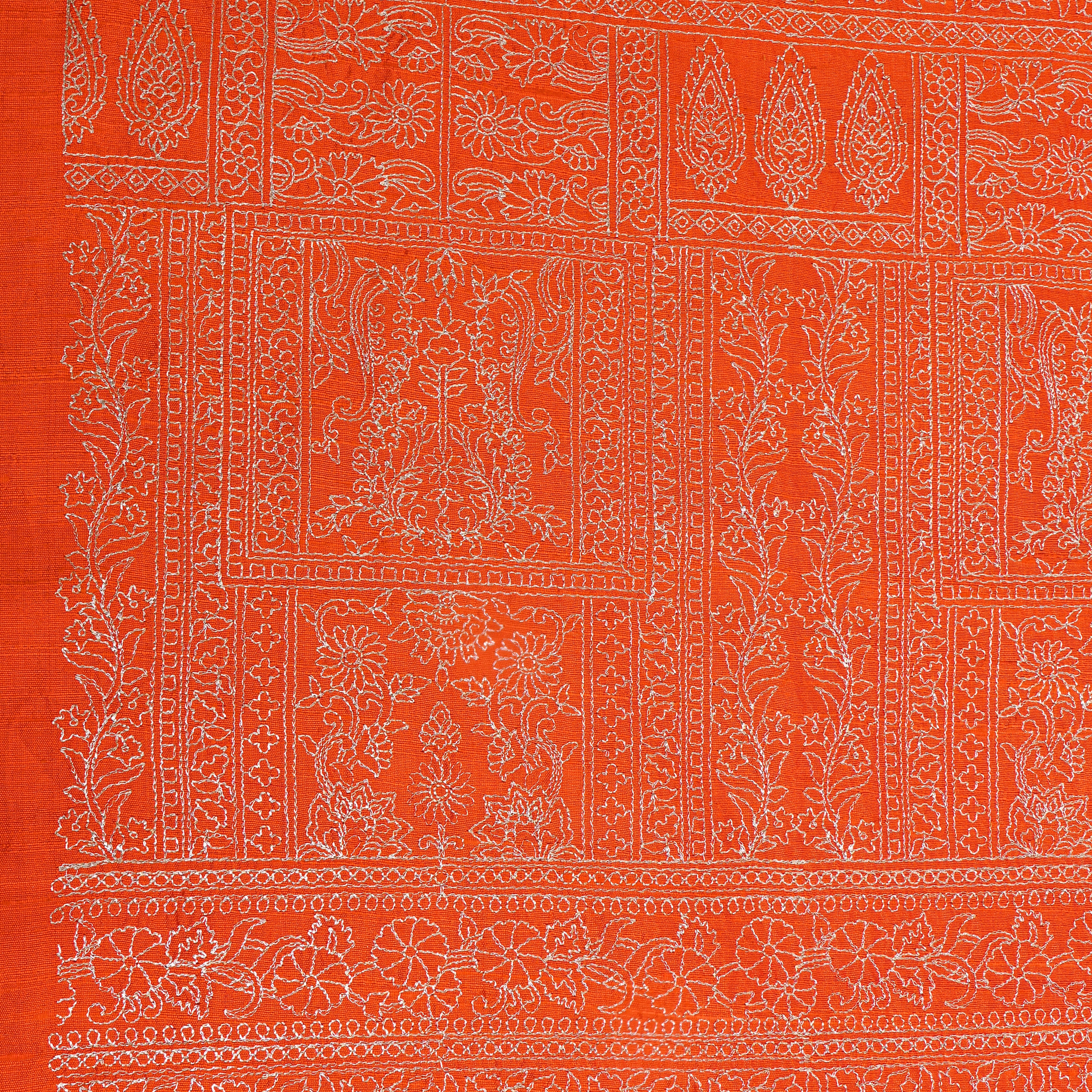 Bright Orange Raw Silk With Geometric Thread Work