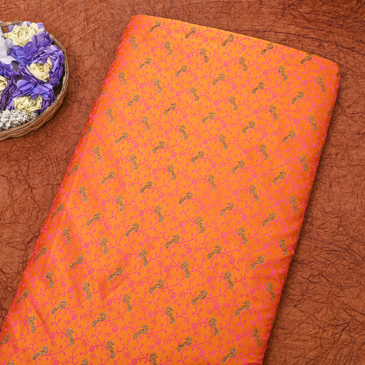 Bright Orange Gold Zari Geometric Jaal Banarasi Silk Fabric