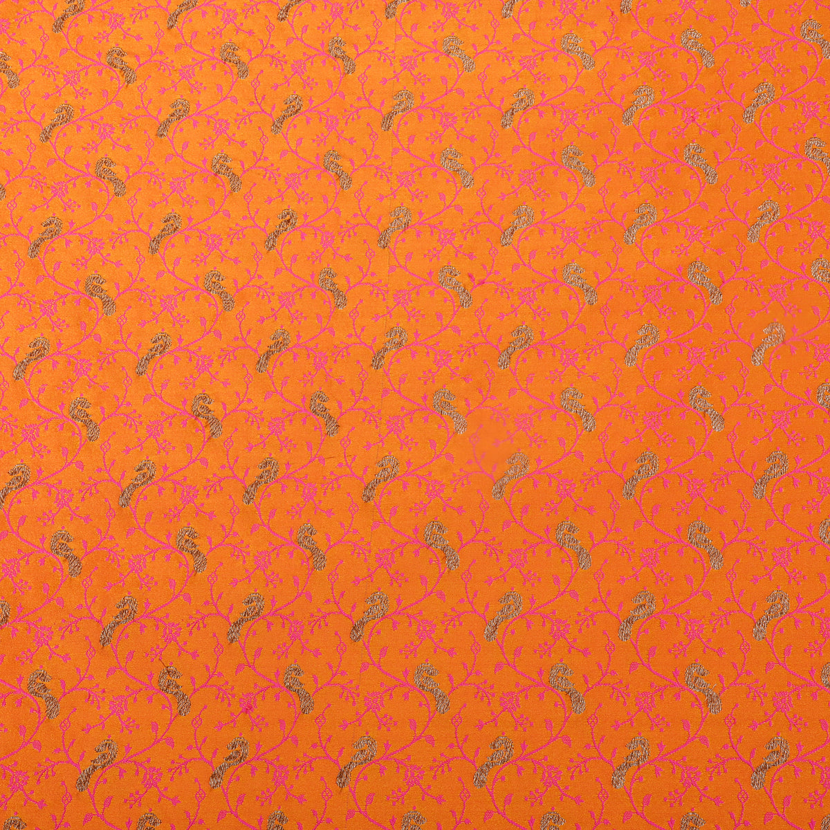 Bright Orange Gold Zari Geometric Jaal Banarasi Silk Fabric