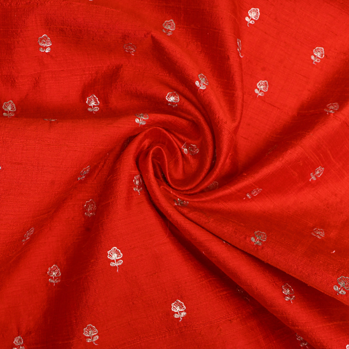Vermilion Orange Silver Zari Butti Raw Silk Fabric