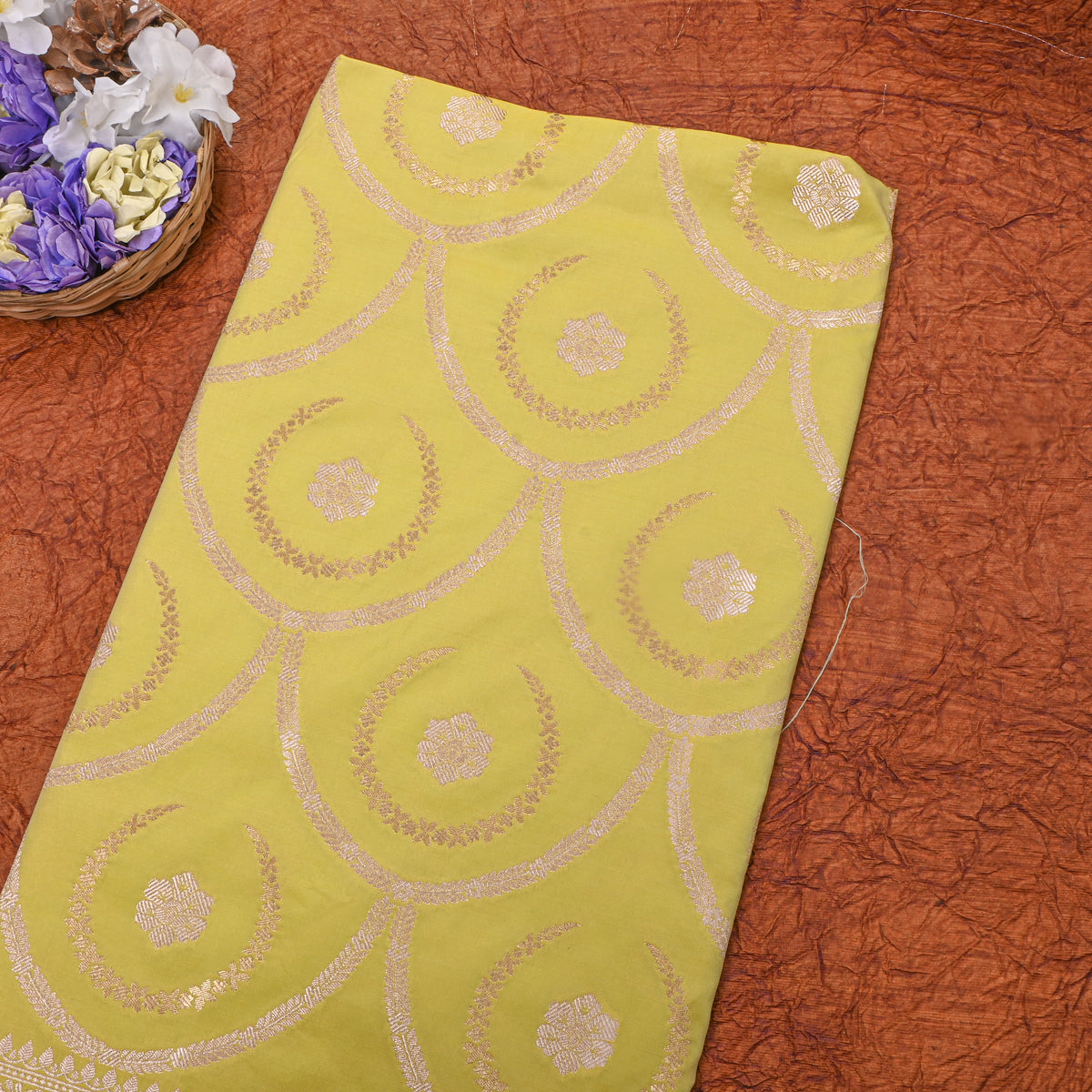 Lime Green Silver Zari Brocade Banarasi Silk Fabric