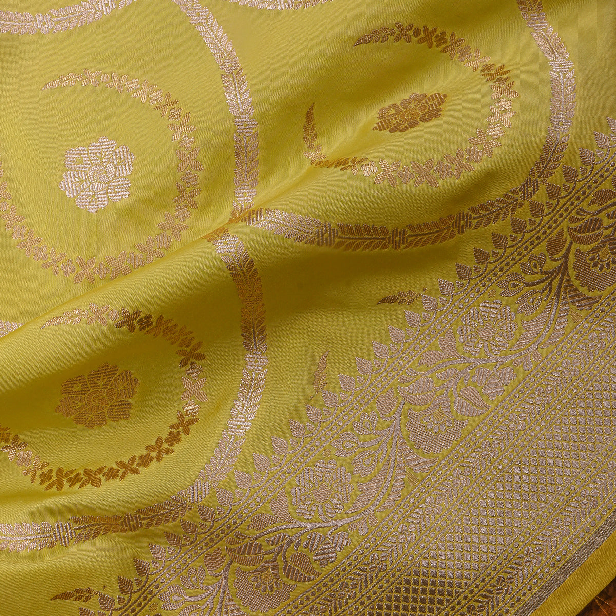 Lime Green Silver Zari Brocade Banarasi Silk Fabric