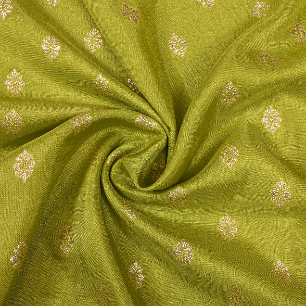 Moss Green Silver Zari Butti Self Weave Jamawar Silk Fabric