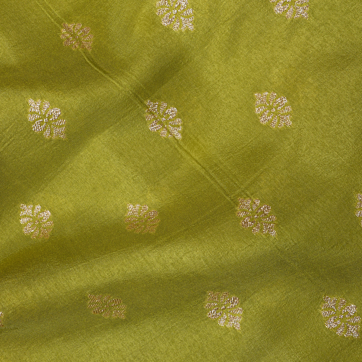 Moss Green Silver Zari Butti Self Weave Jamawar Silk Fabric