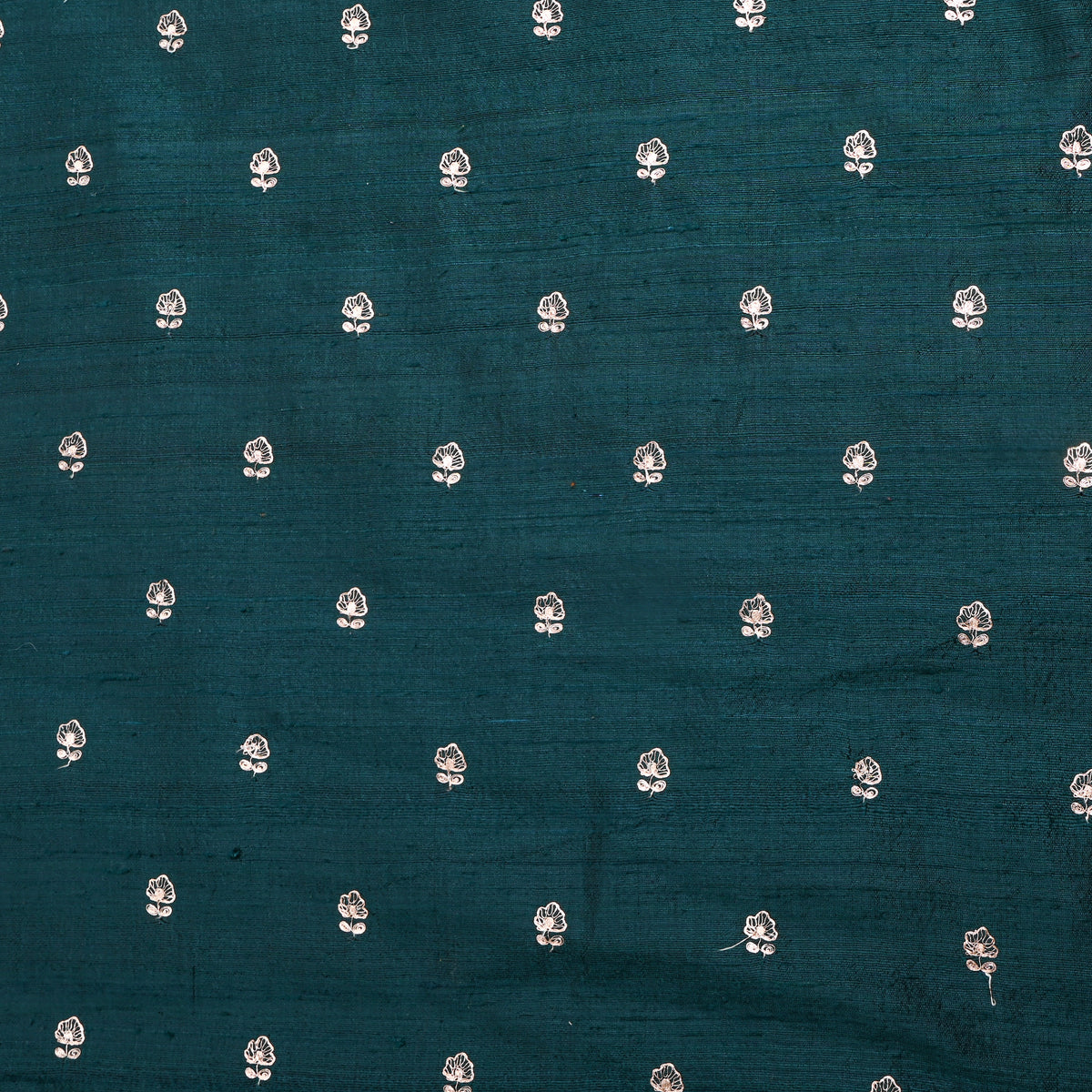 Peacock Teal Silver Zari Butti Raw Silk Fabric