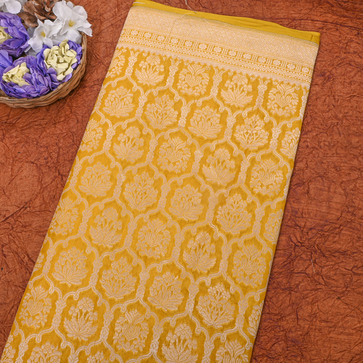 Yellow Gold Zari Self Weave Banarasi Silk Fabric