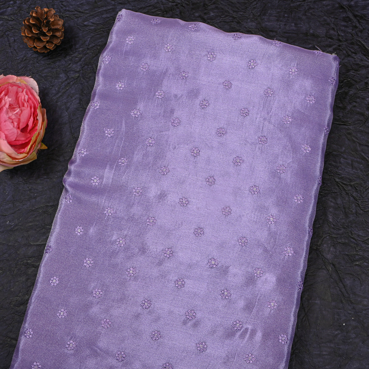 Orchid Floral Butti Thread Work Embroidery Tissue Fabric