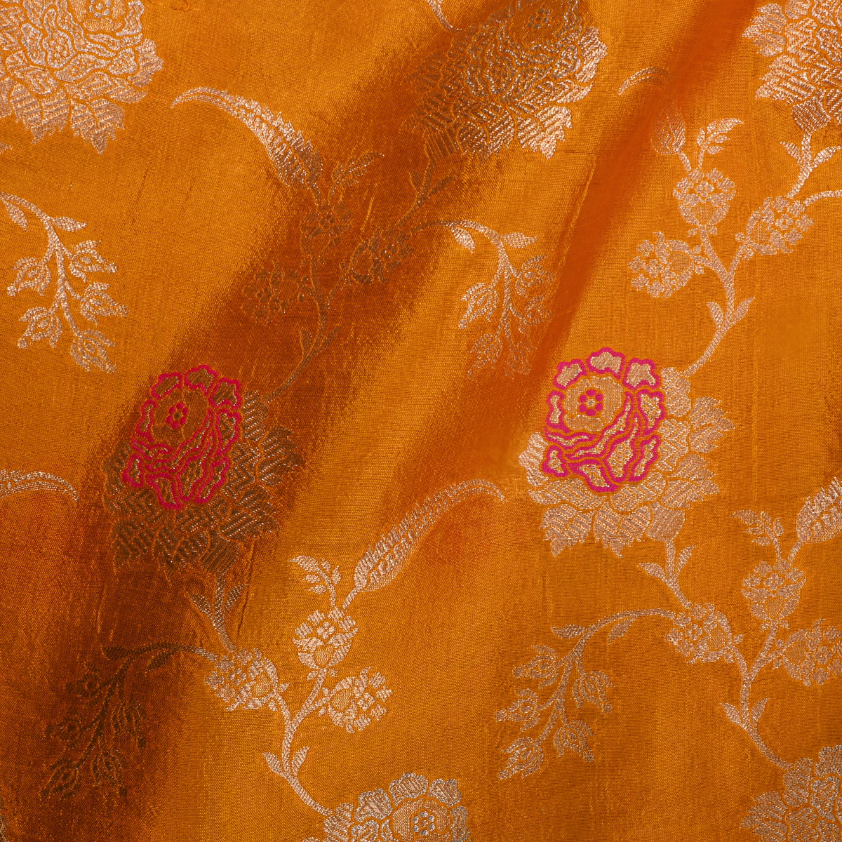 Mustard Orange Gold Zari Meenakari Floral Weave Jamawar Silk Fabric