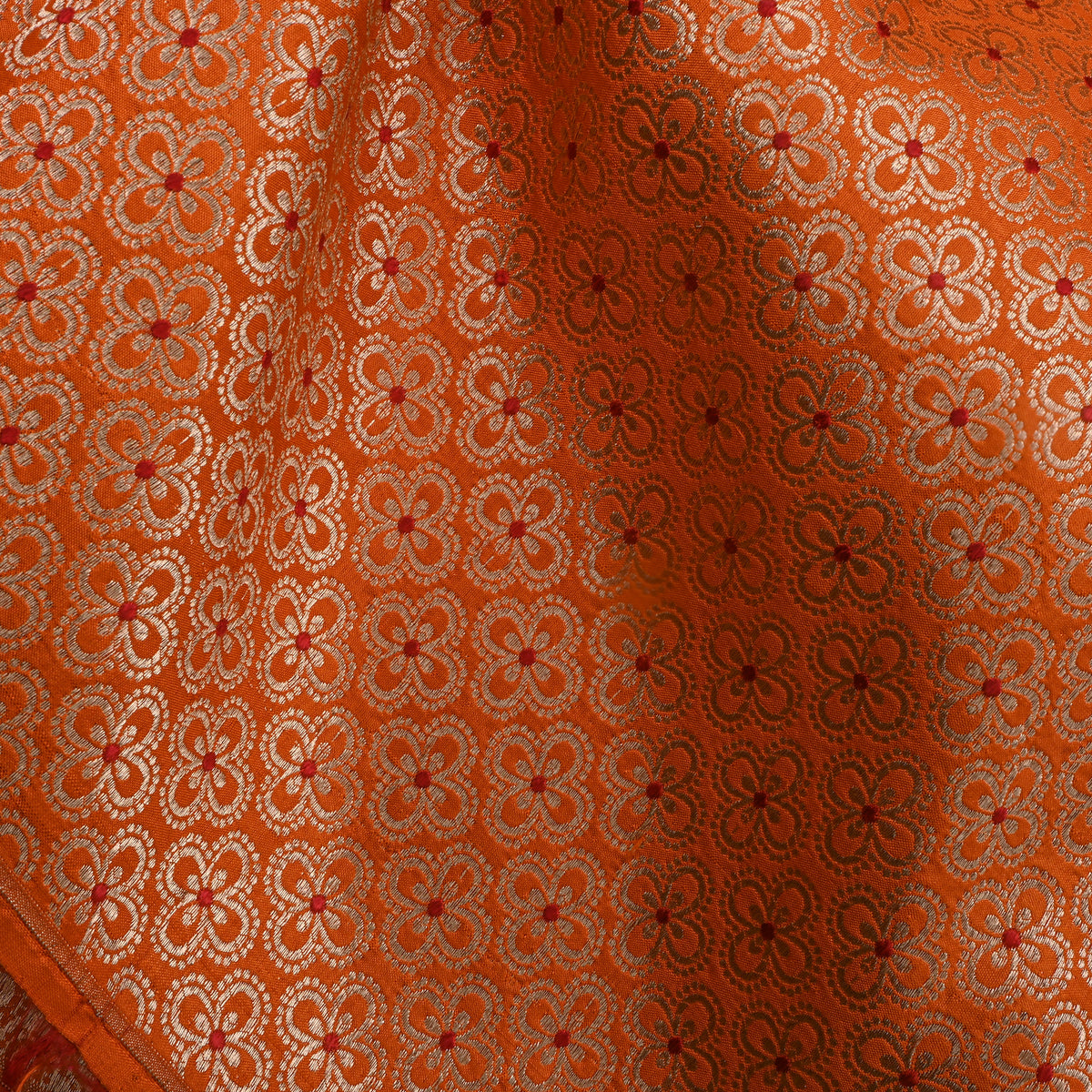 Orange Gold Floral Butti Jamawar Silk Fabric