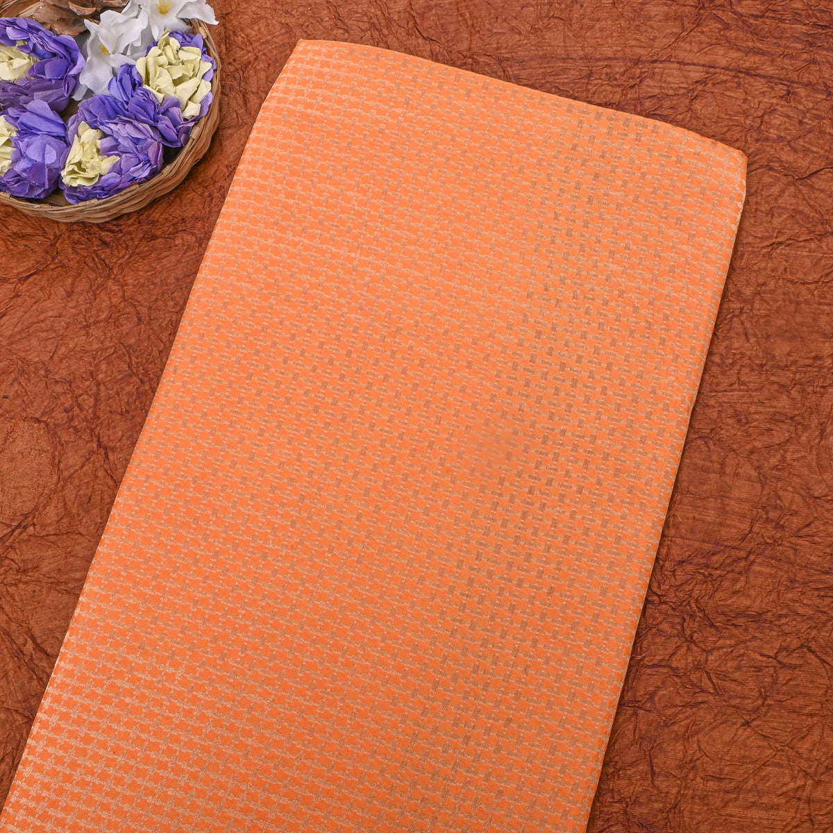 Terracotta Orange Gold Zari Micro Checks Brocade Banarasi Silk Fabric