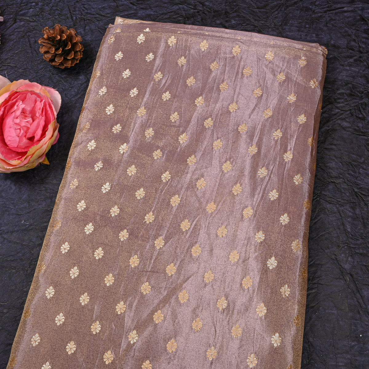 Cocoa Mauve Gold Zari Leaf Butti Self Weave Jamawar Tissue Fabric