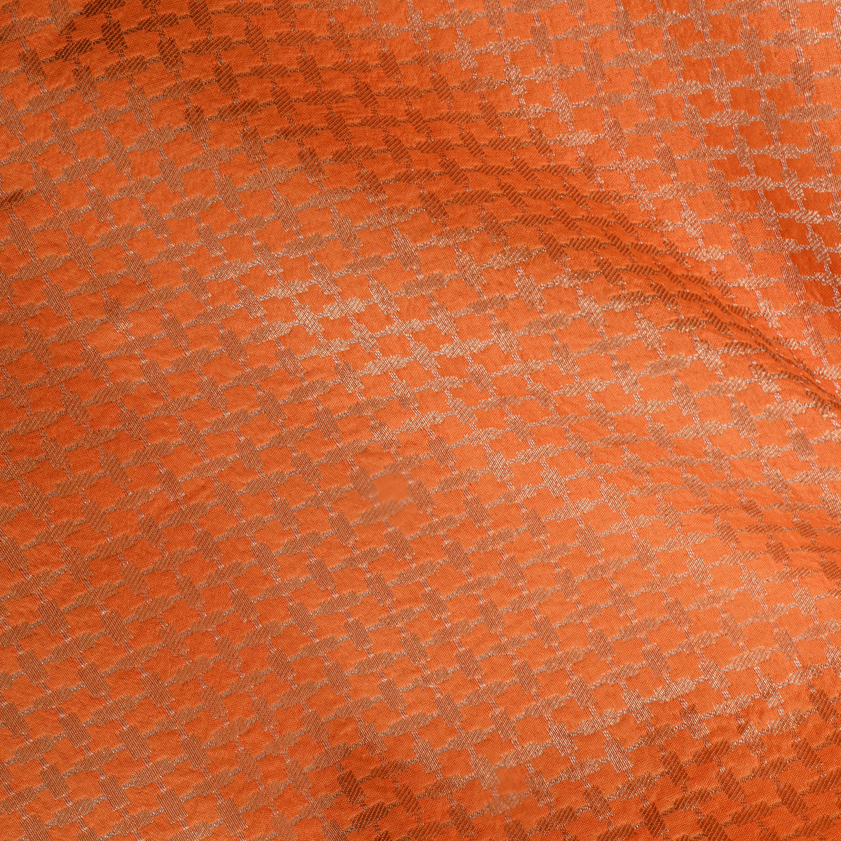 Terracotta Orange Gold Zari Micro Checks Brocade Banarasi Silk Fabric