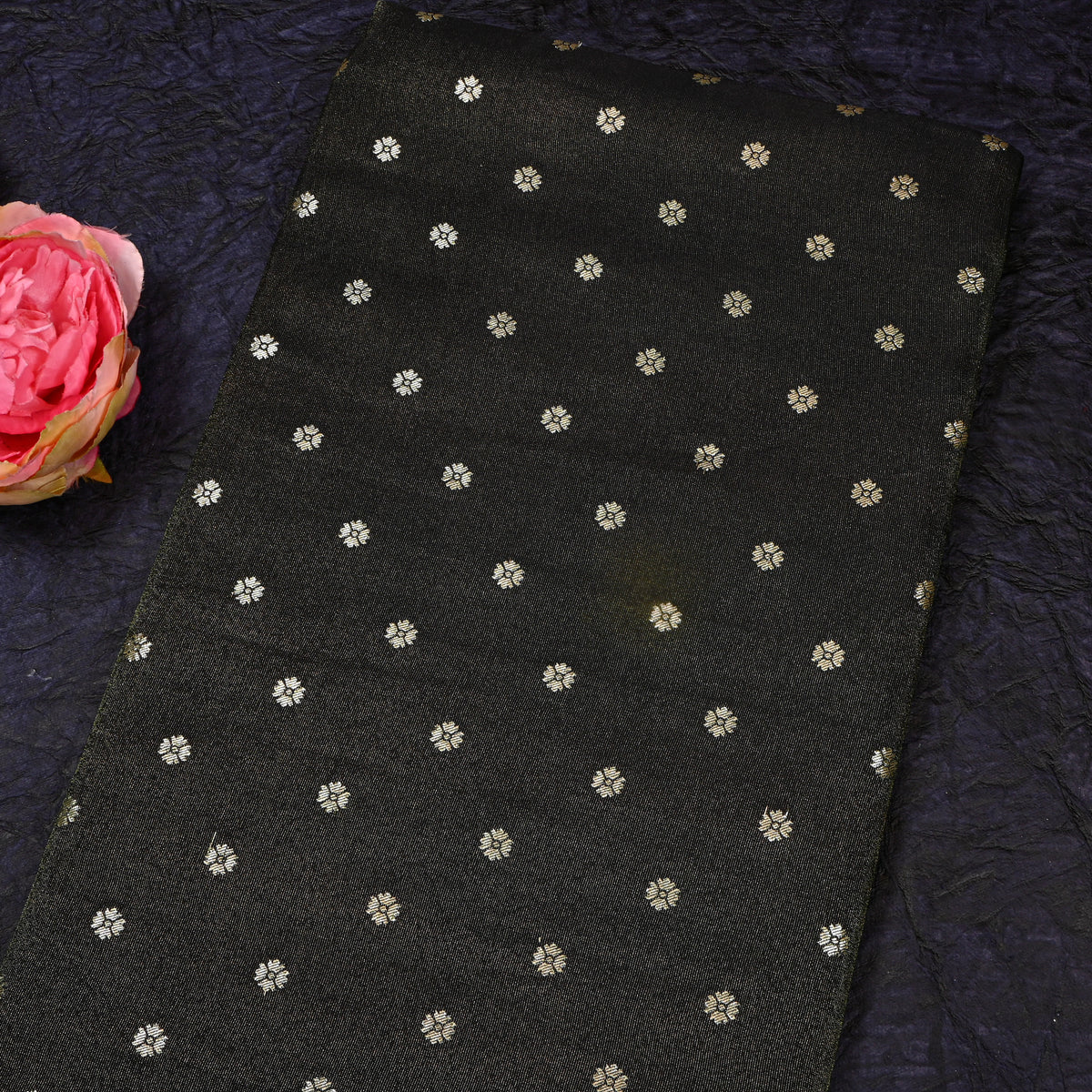 Jet Black Gold Zari Floral Butti Self Weave Jamawar Tissue Fabric