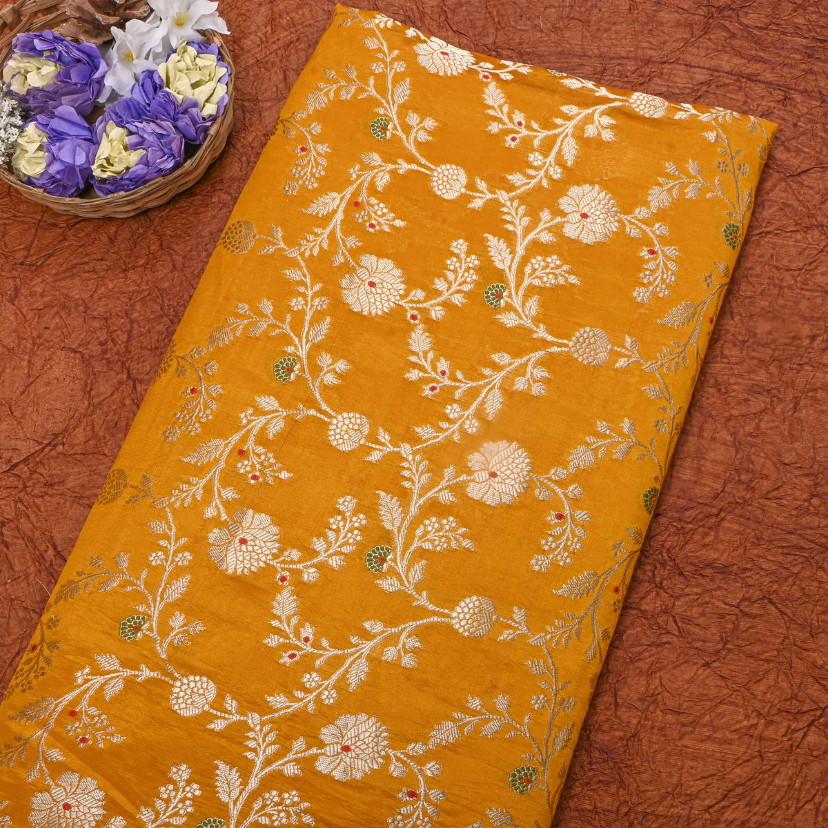 Sun Yellow Self Weave Floral Jall Banarasi Silk Fabric