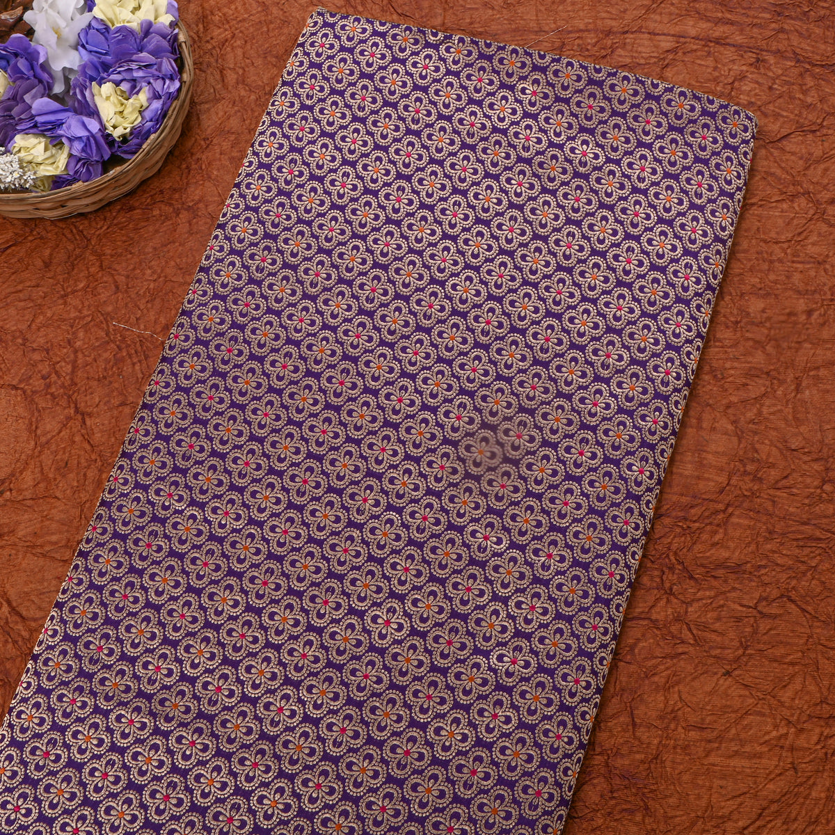 Deep Violet Gold Zari Butti Self Weave Jamawar Silk Fabric