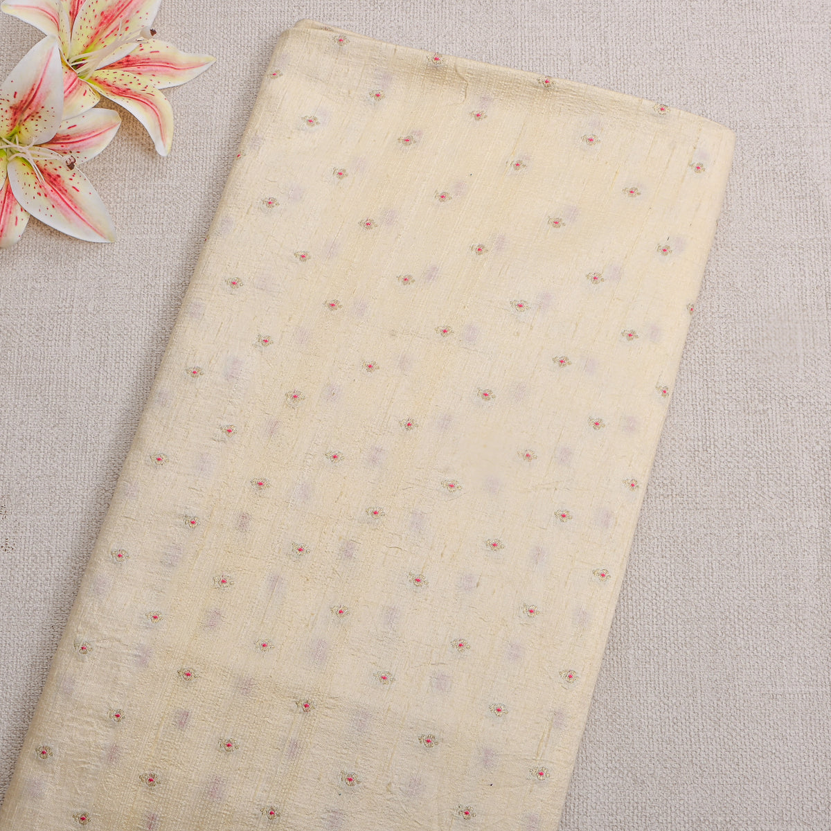 Golden Cream Embroidery Jamawar Silk Fabric