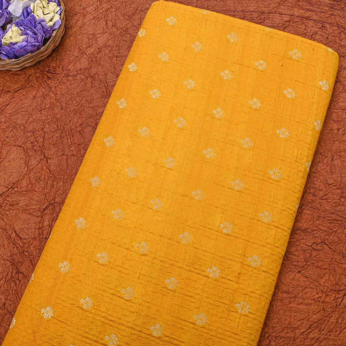 MariGold Zari Silver ZariButti Jamawar Silk Fabric