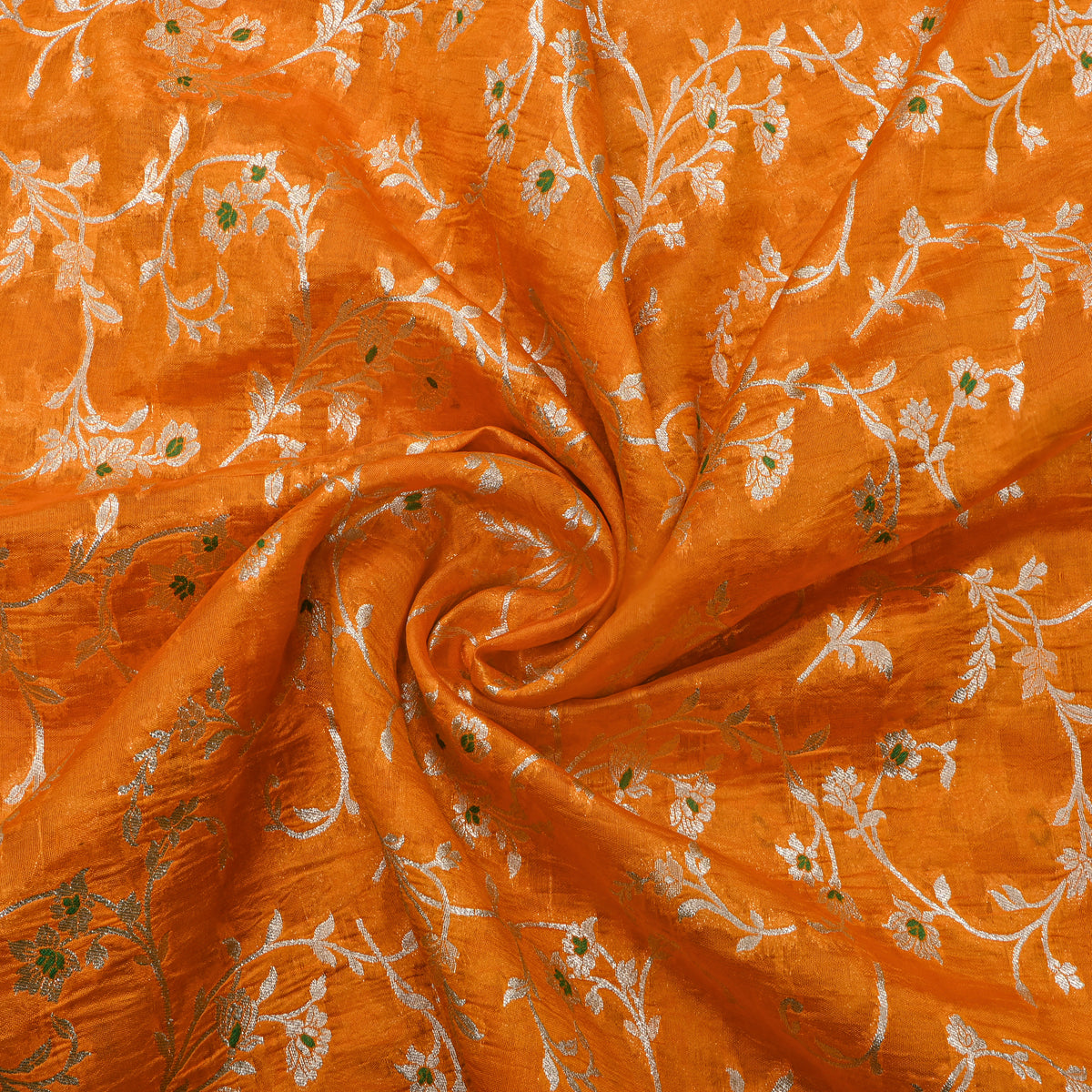Marigold Silver Zari Floral Jaal Jamawar Oragnaza Fabric