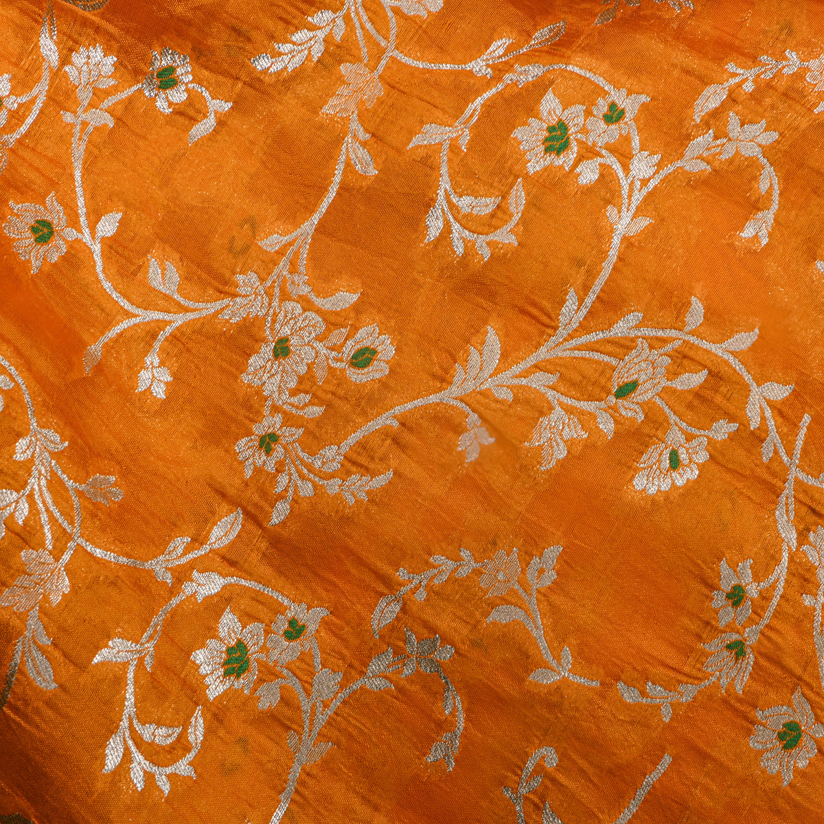 Marigold Silver Zari Floral Jaal Jamawar Oragnaza Fabric