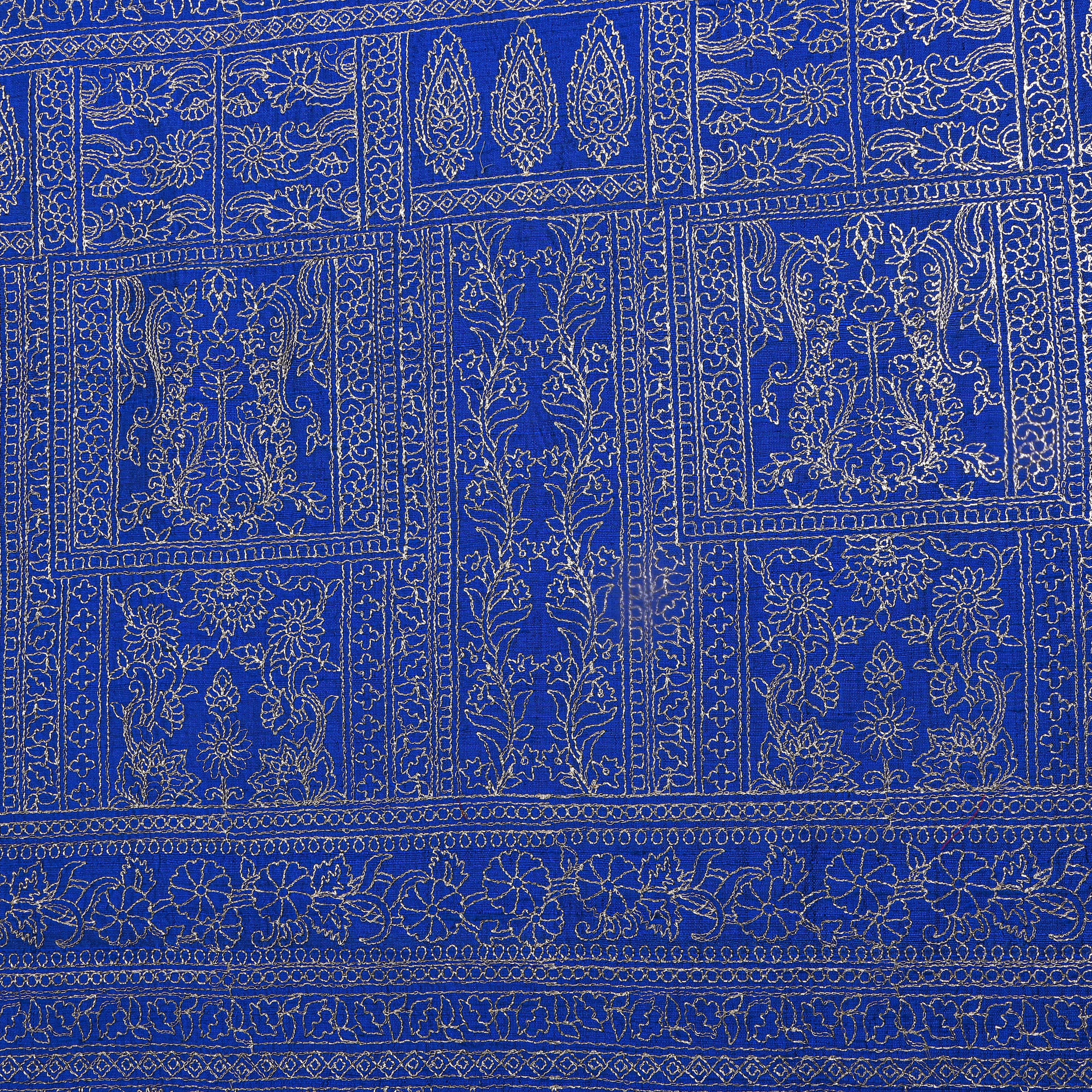 Bright Blue Raw Silk With Geometric Thread Work Embroidery