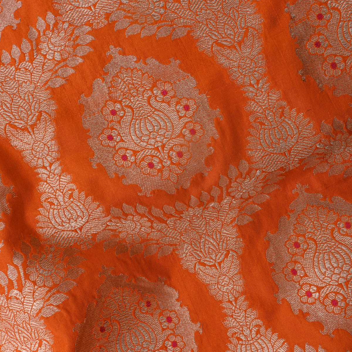 Marmalade Orange Gold Zari Weave Brocade Jamawar Silk Fabric