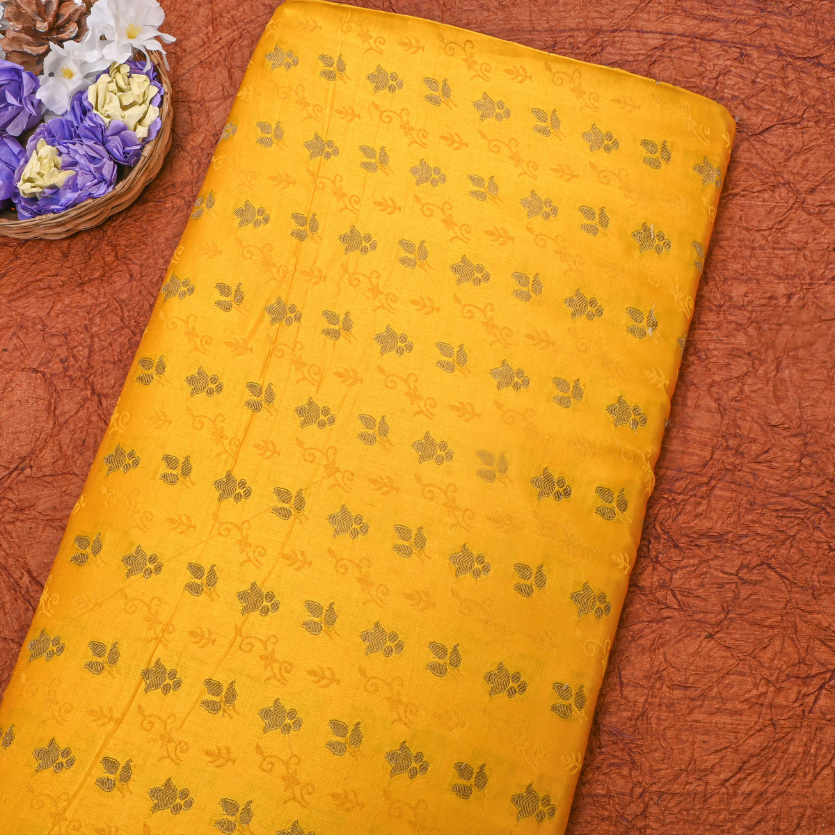 Golden Yellow Floral Butti Self Weave Jamawar Silk Fabric