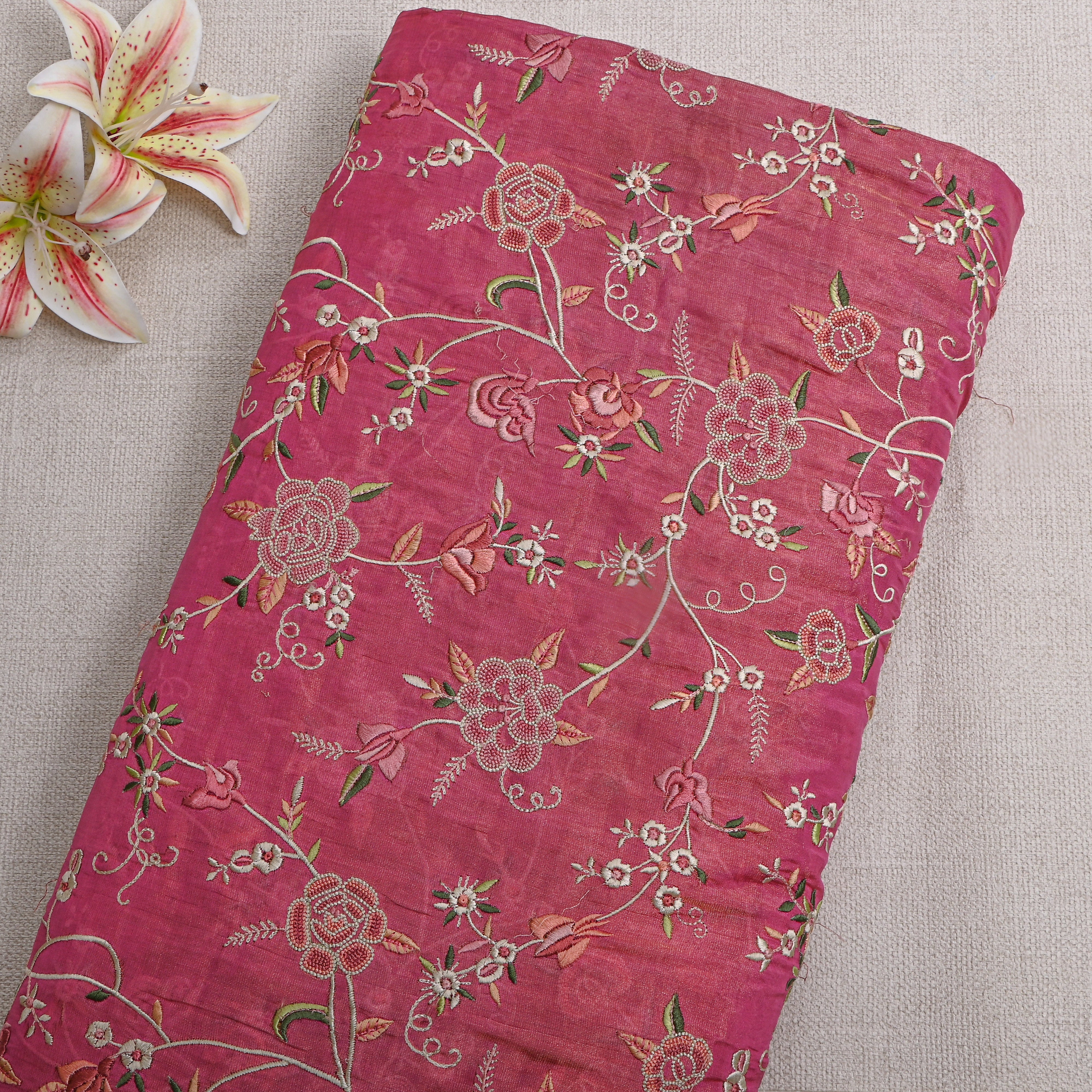 Dark Rosy Pink Embroidery Tissue Fabric