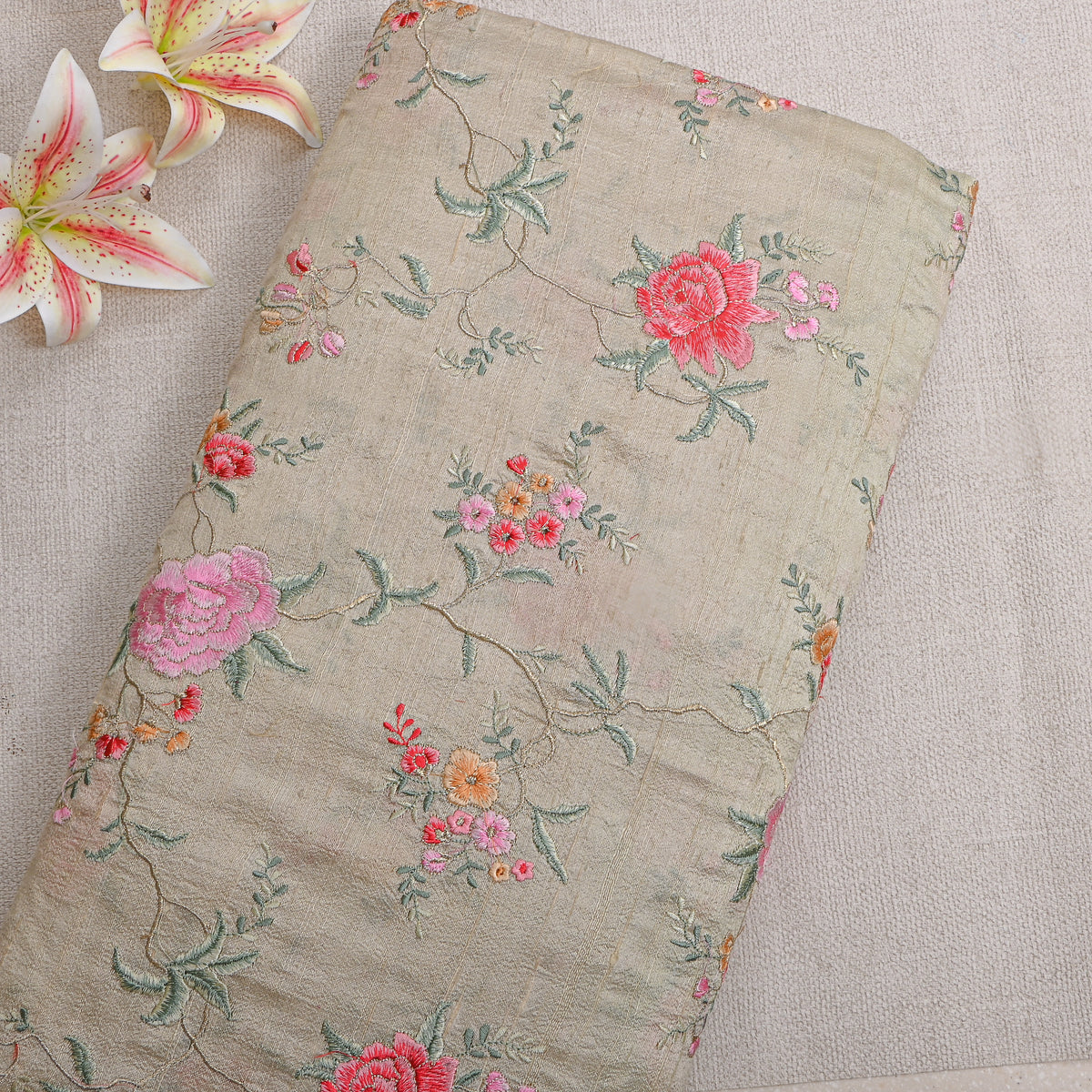 Gray Gold Rose Jaal Thread Work Raw Silk Fabric