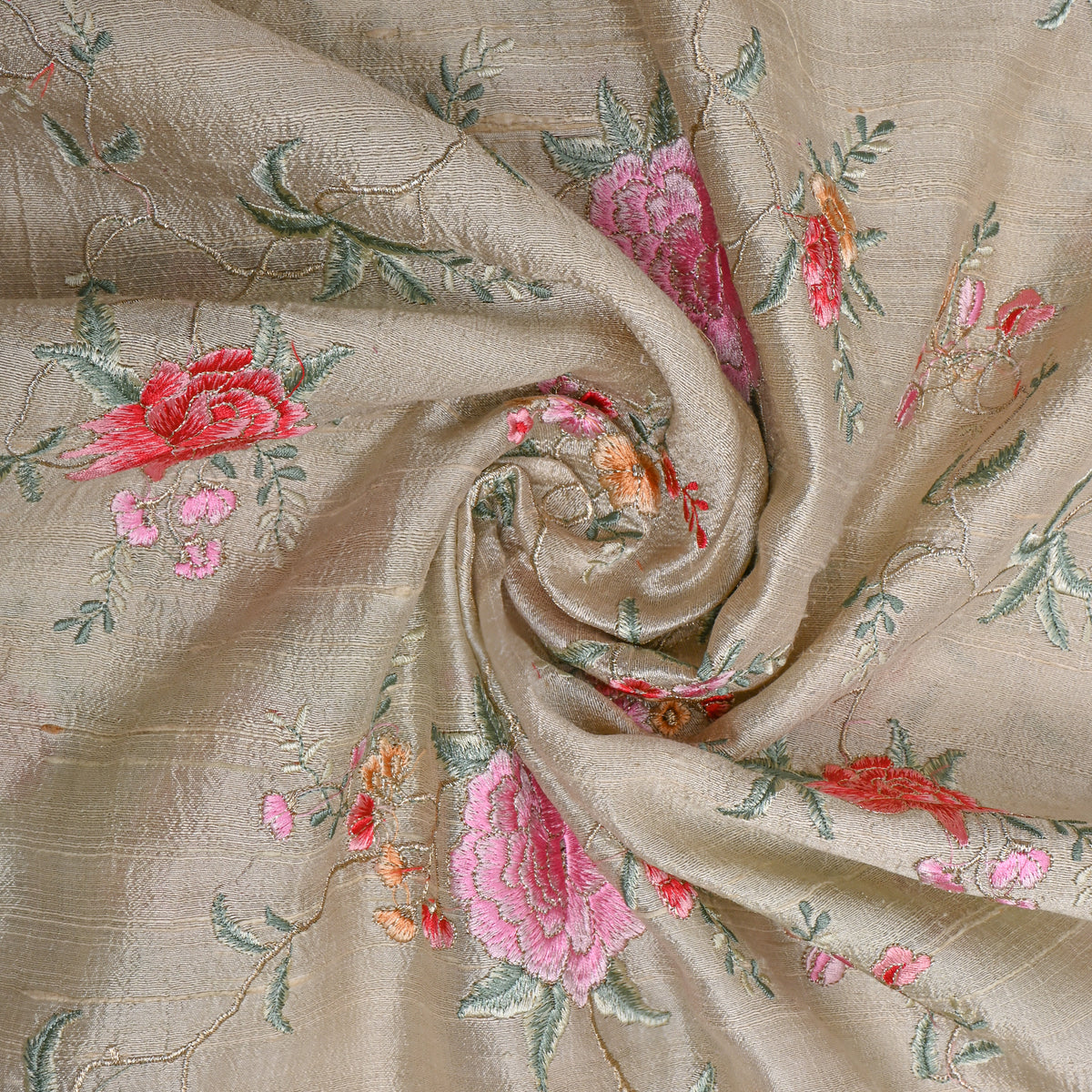 Gray Gold Rose Jaal Thread Work Raw Silk Fabric