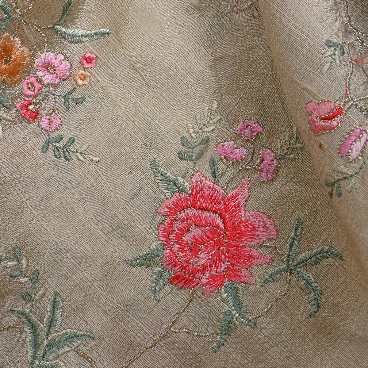 Gray Gold Rose Jaal Thread Work Raw Silk Fabric
