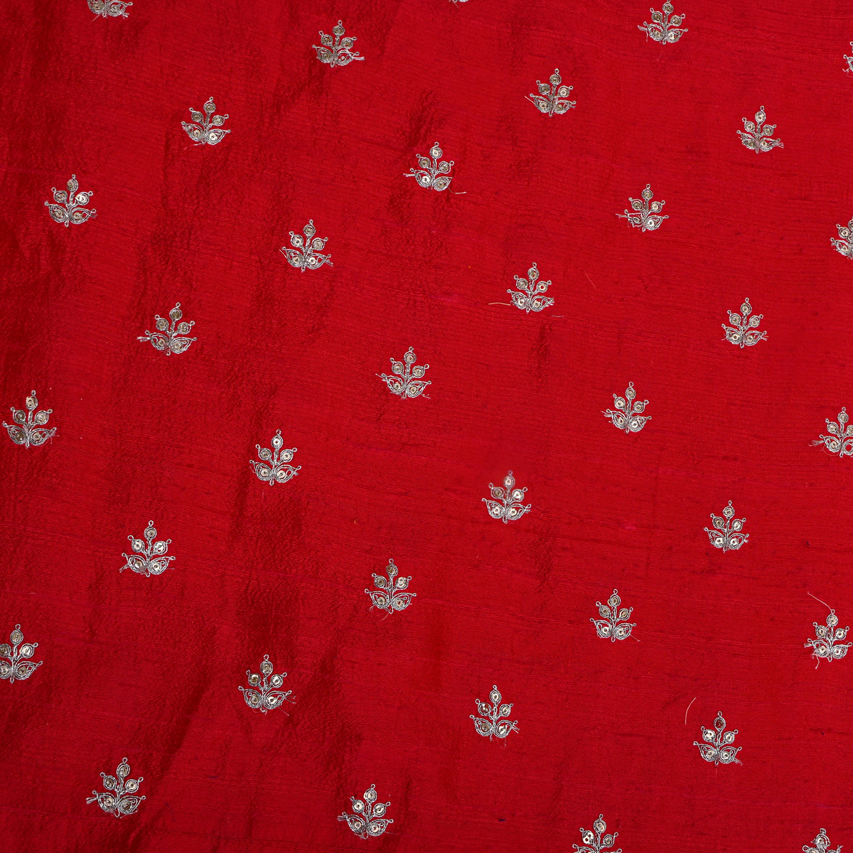 Bright Red With Silver Zari Butti Raw Silk Fabric