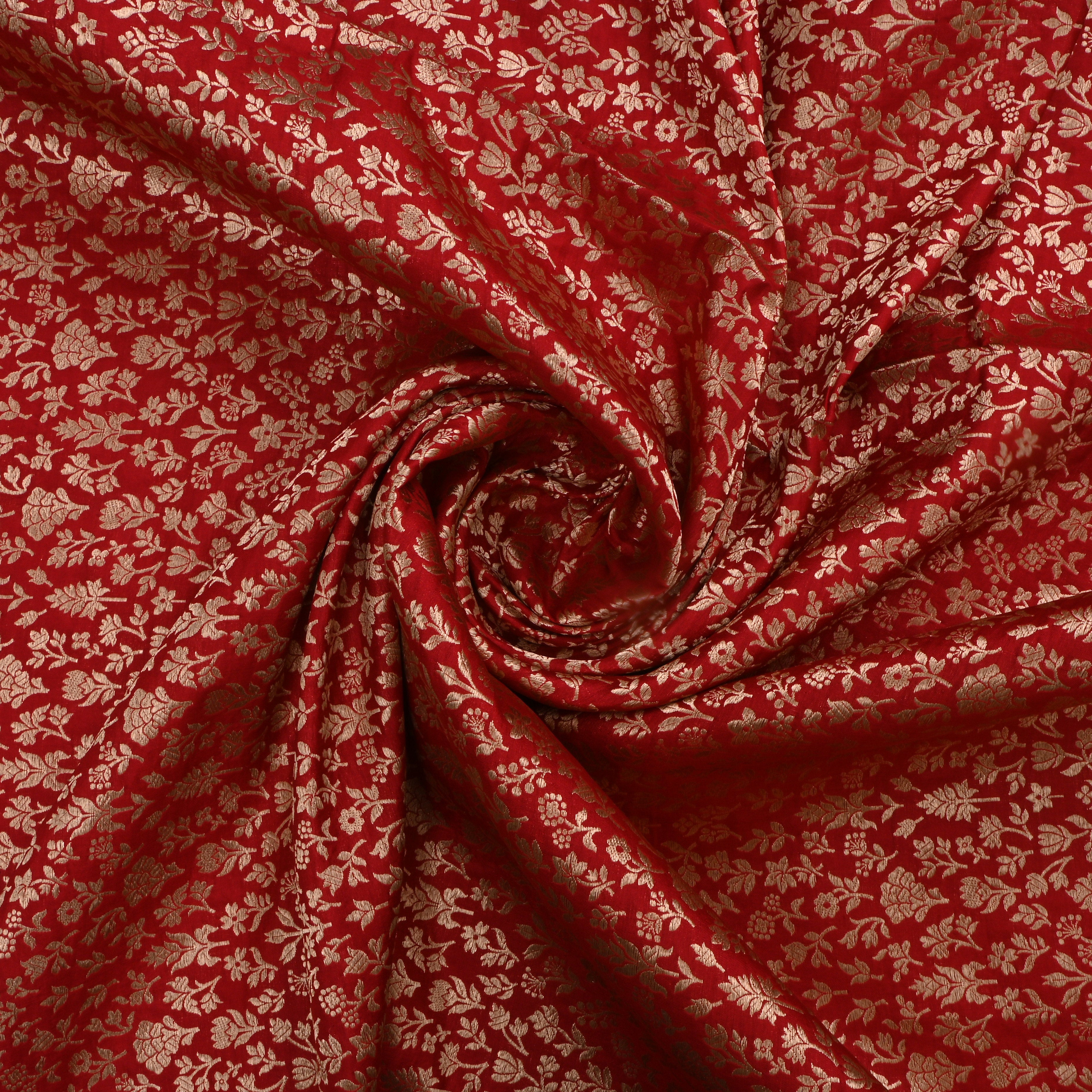 Red Devil Jamawar Silk Fabric With Floral And Leaf Design