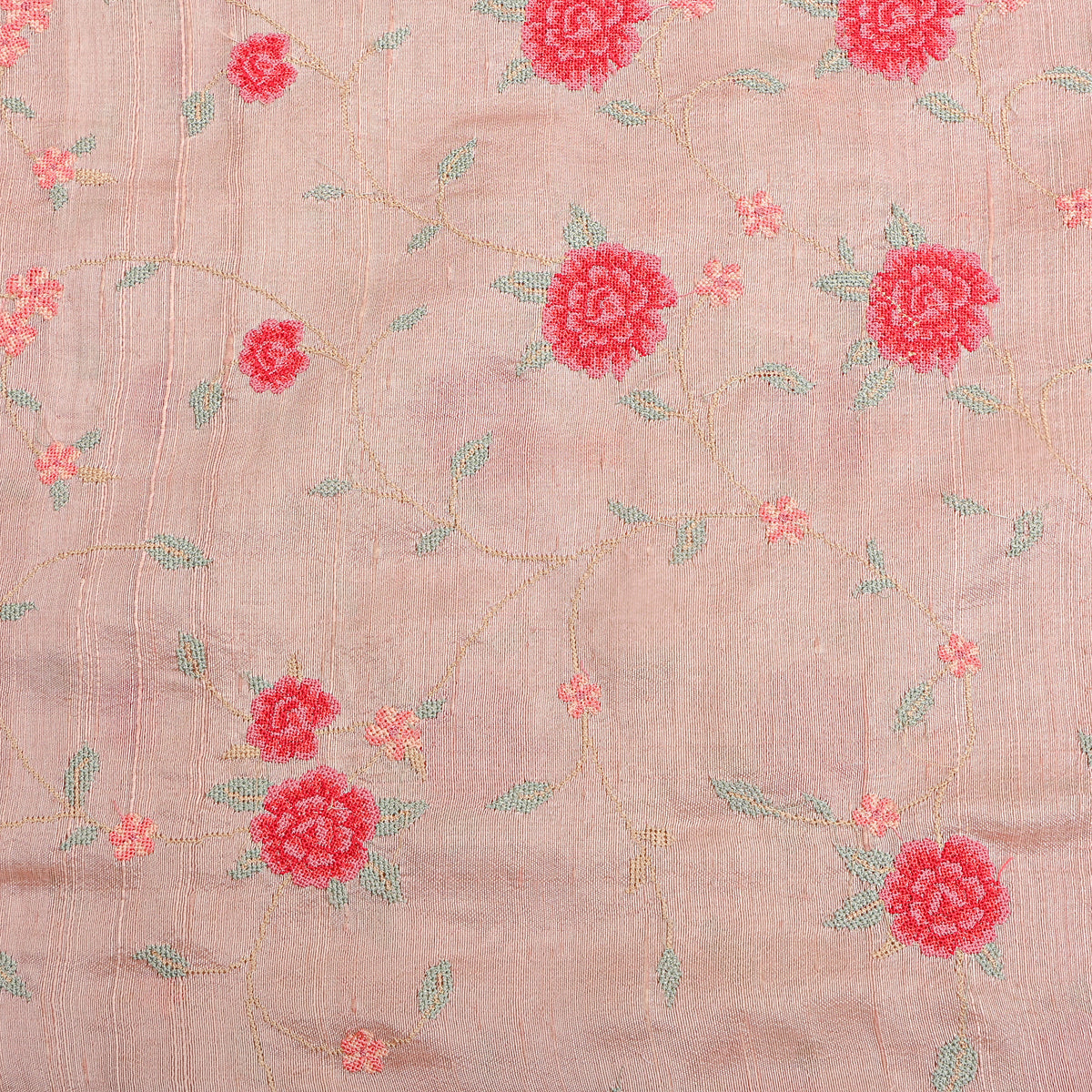 Pink Floral Jaal Thread Work Raw Silk Fabric