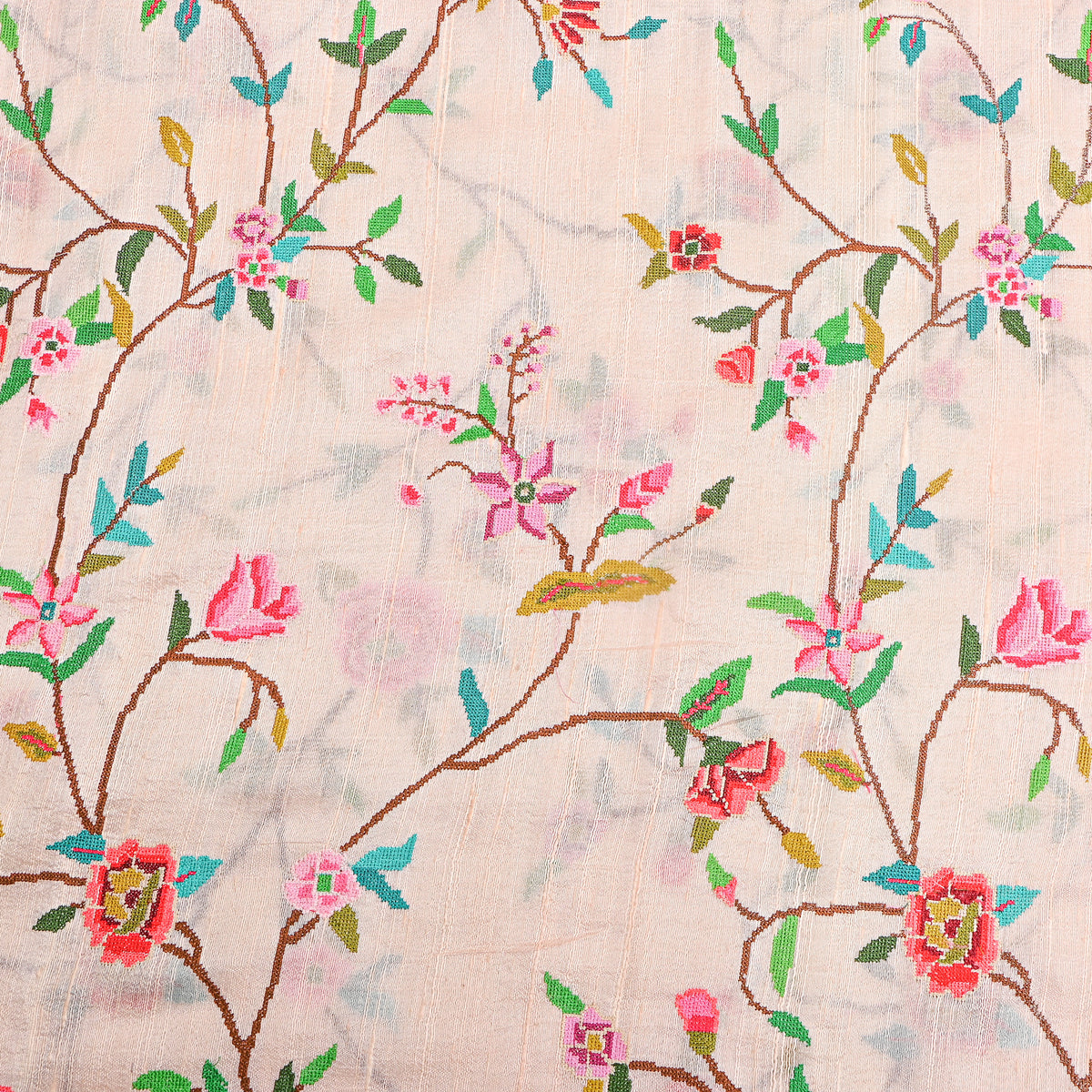 White Floral Jaal Bird Thread Work Raw Silk Fabric