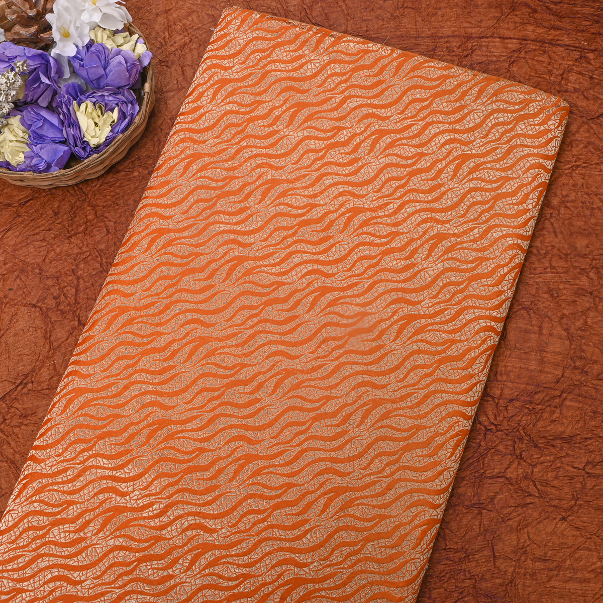 Pumpkin Orange Self Weave Geometric Zari Jamawar Silk Fabric
