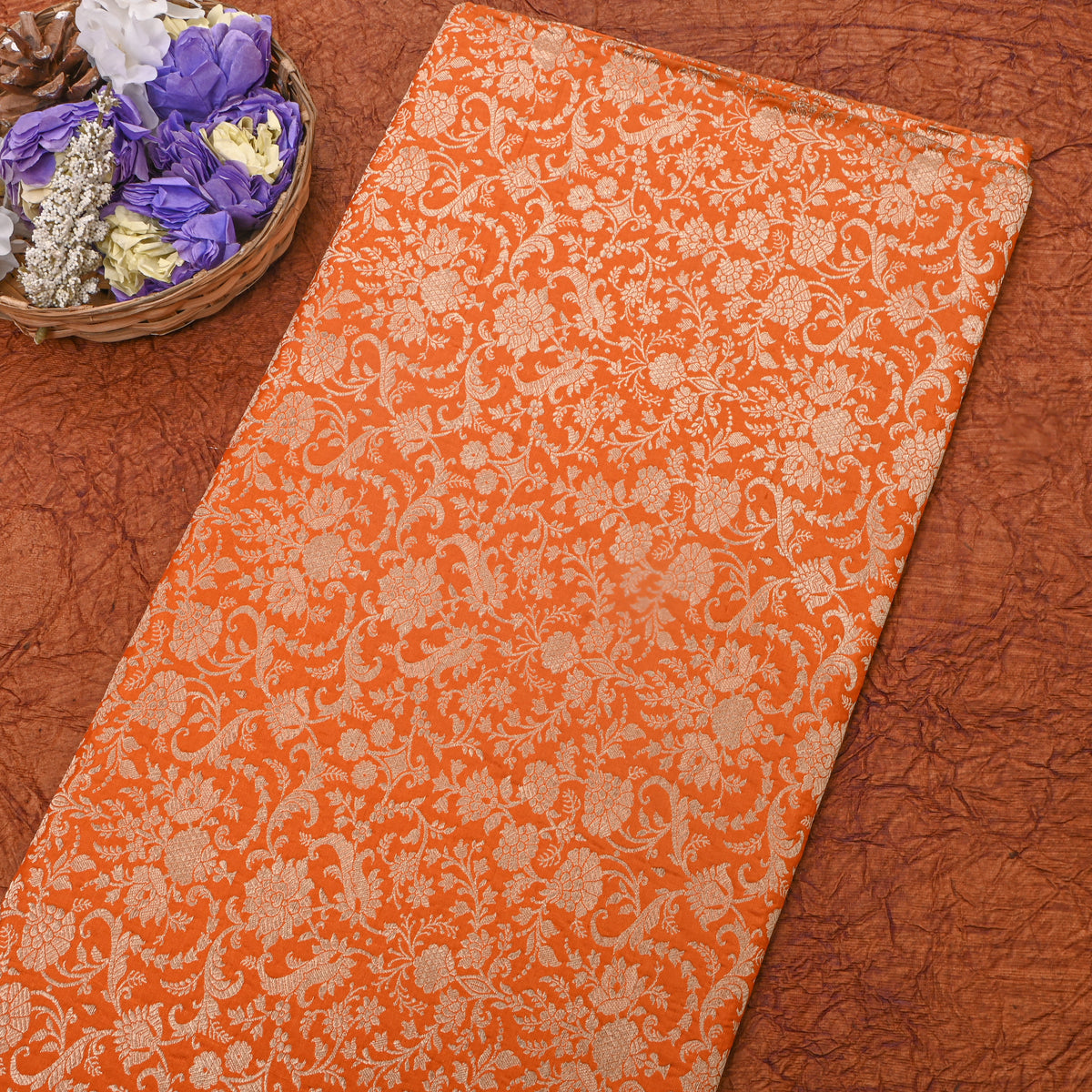 Orange Self Gold Floral Jaal Jamawar Silk Fabric