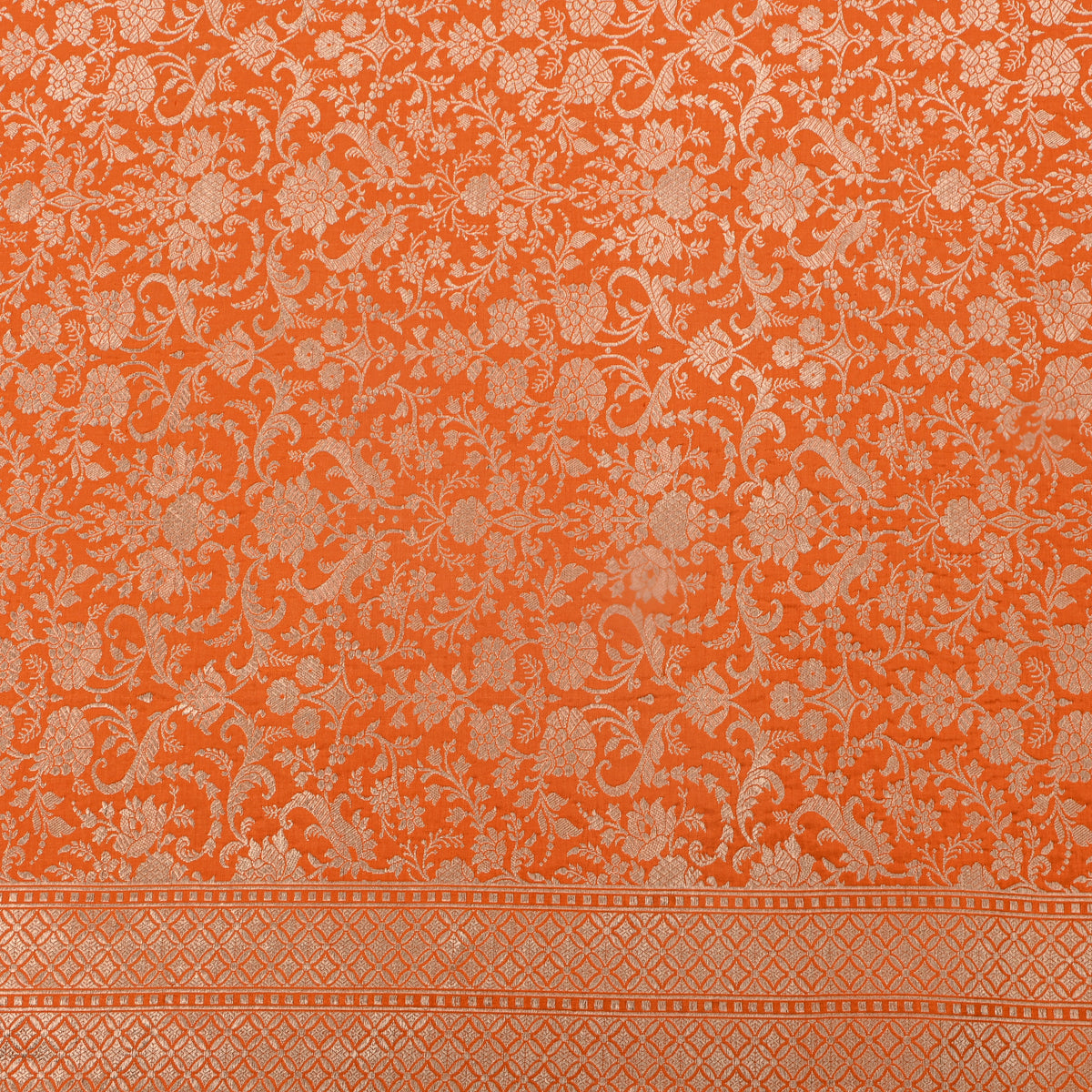 Orange Self Gold Floral Jaal Jamawar Silk Fabric