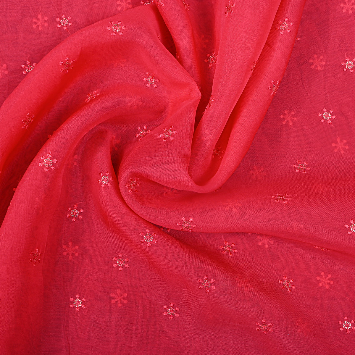 Cherry Red Snowflake Butti Thread Work Organza Fabric
