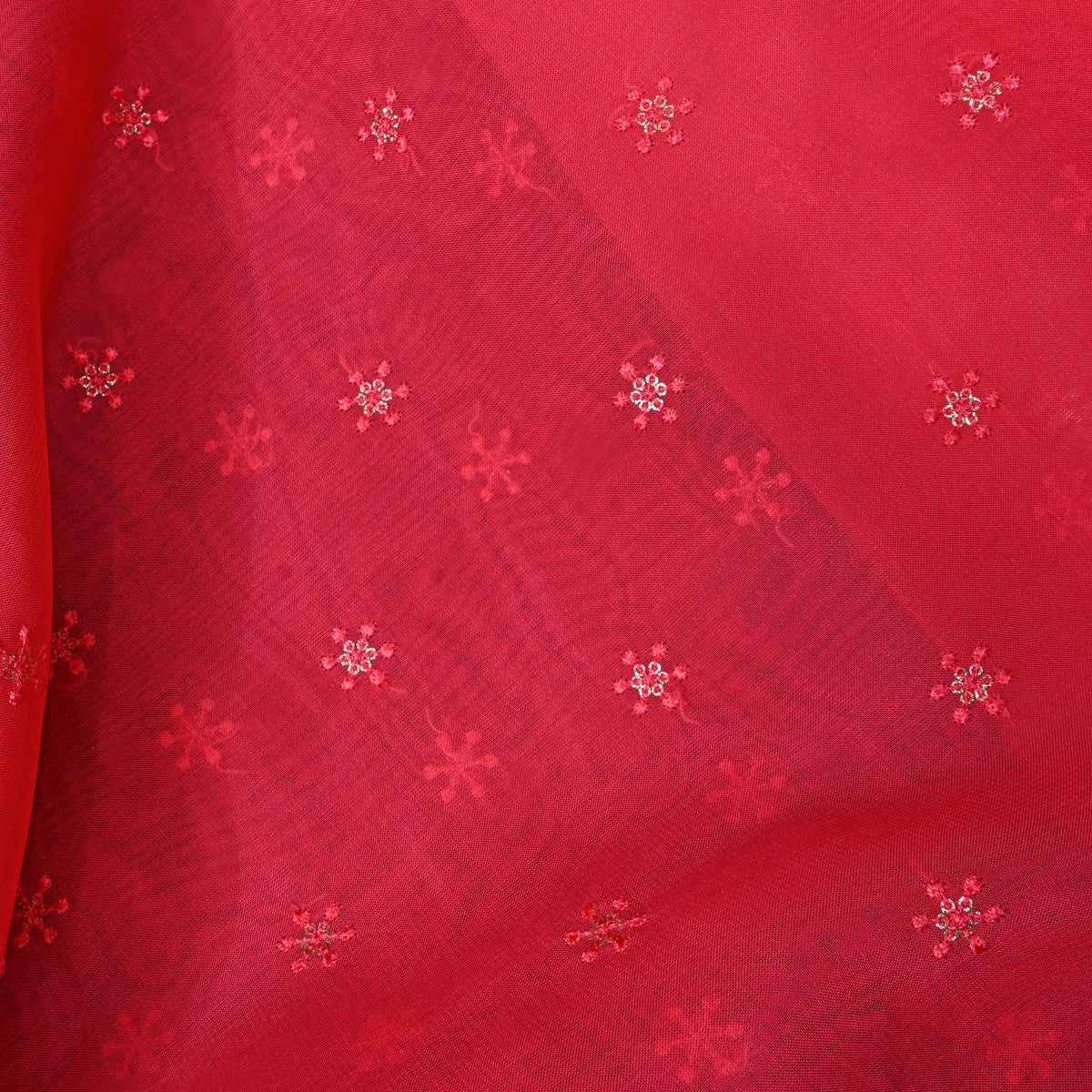 Cherry Red Snowflake Butti Thread Work Organza Fabric