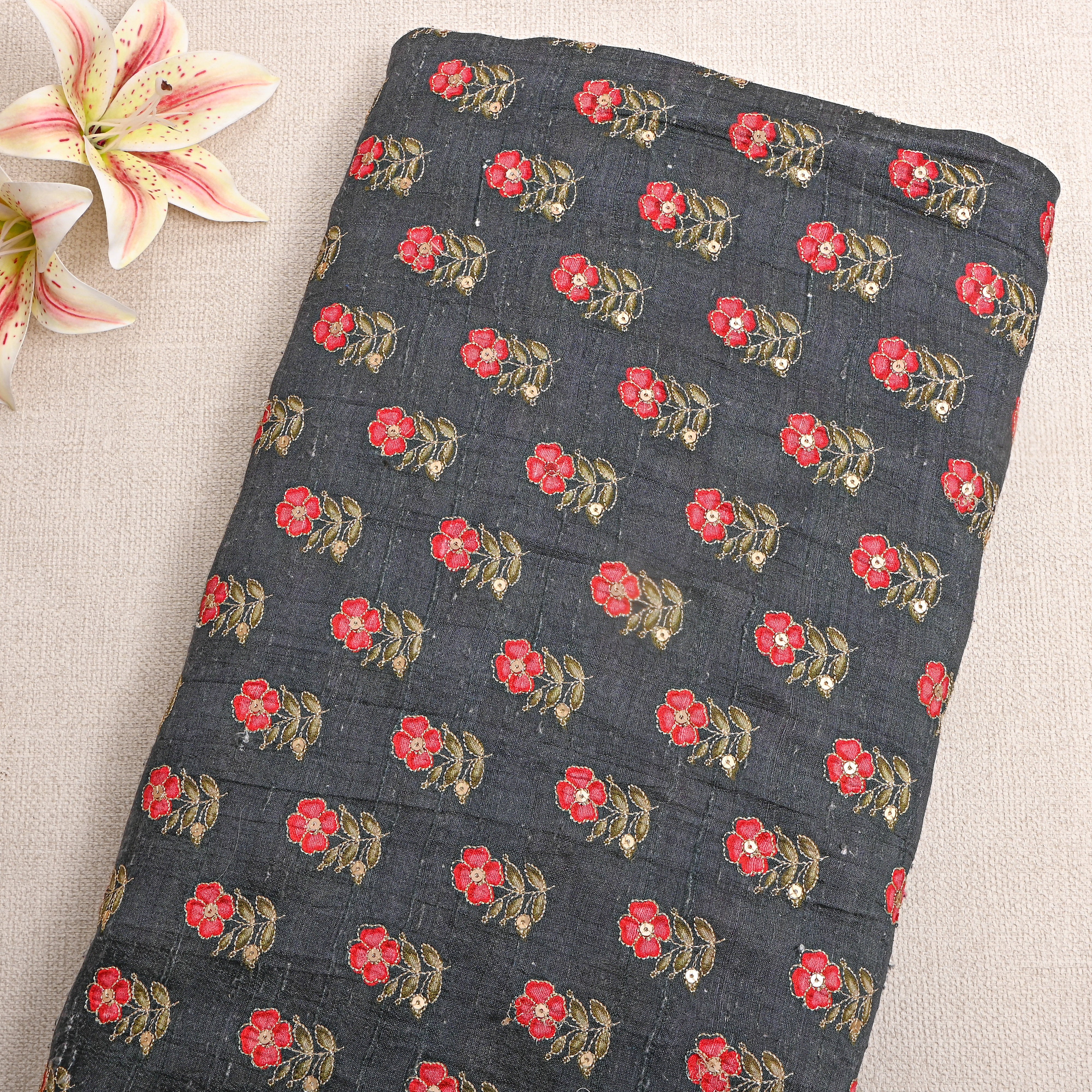 Black Gold Floral Butti Zari Embroidered Silk Fabric