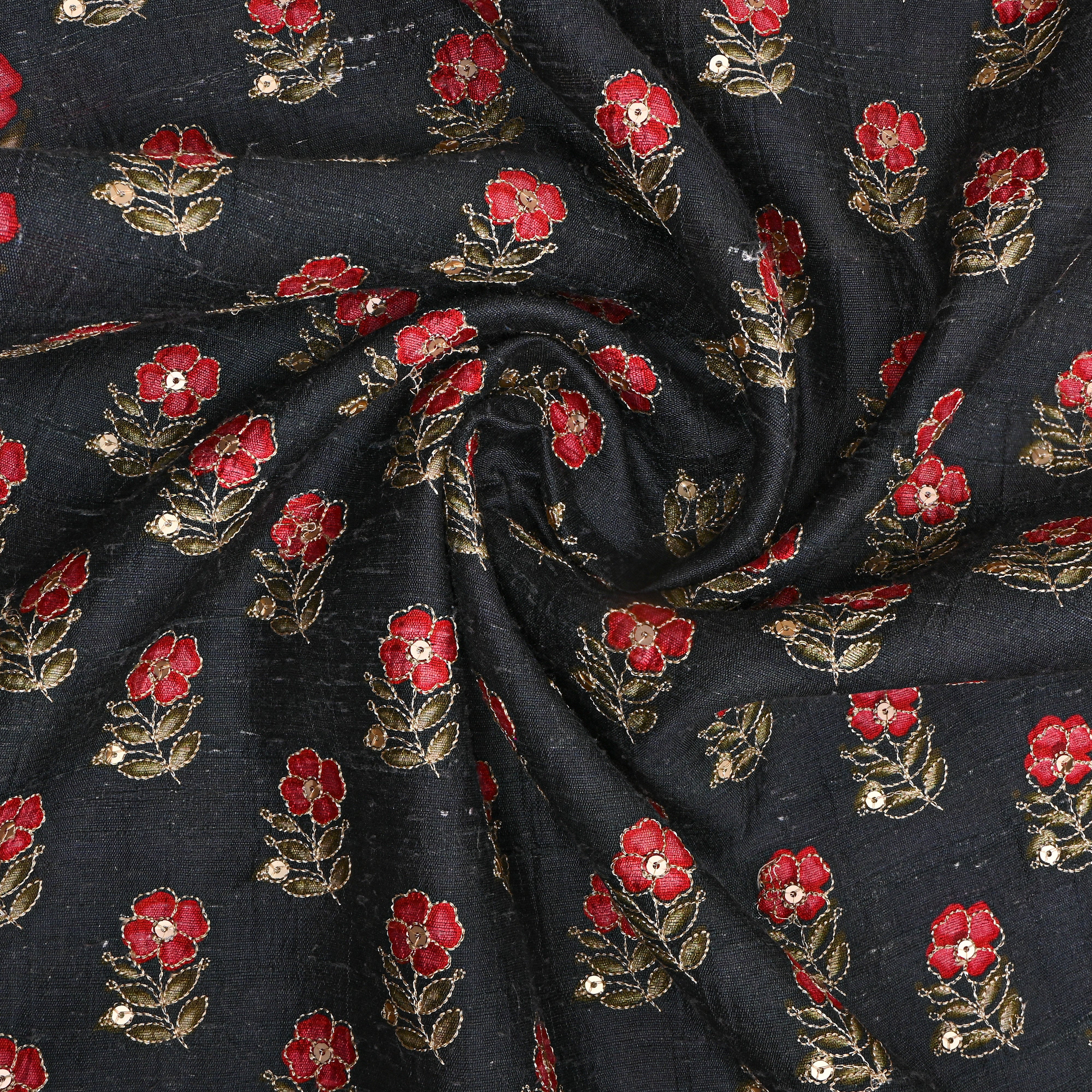 Black Gold Floral Butti Zari Embroidered Silk Fabric