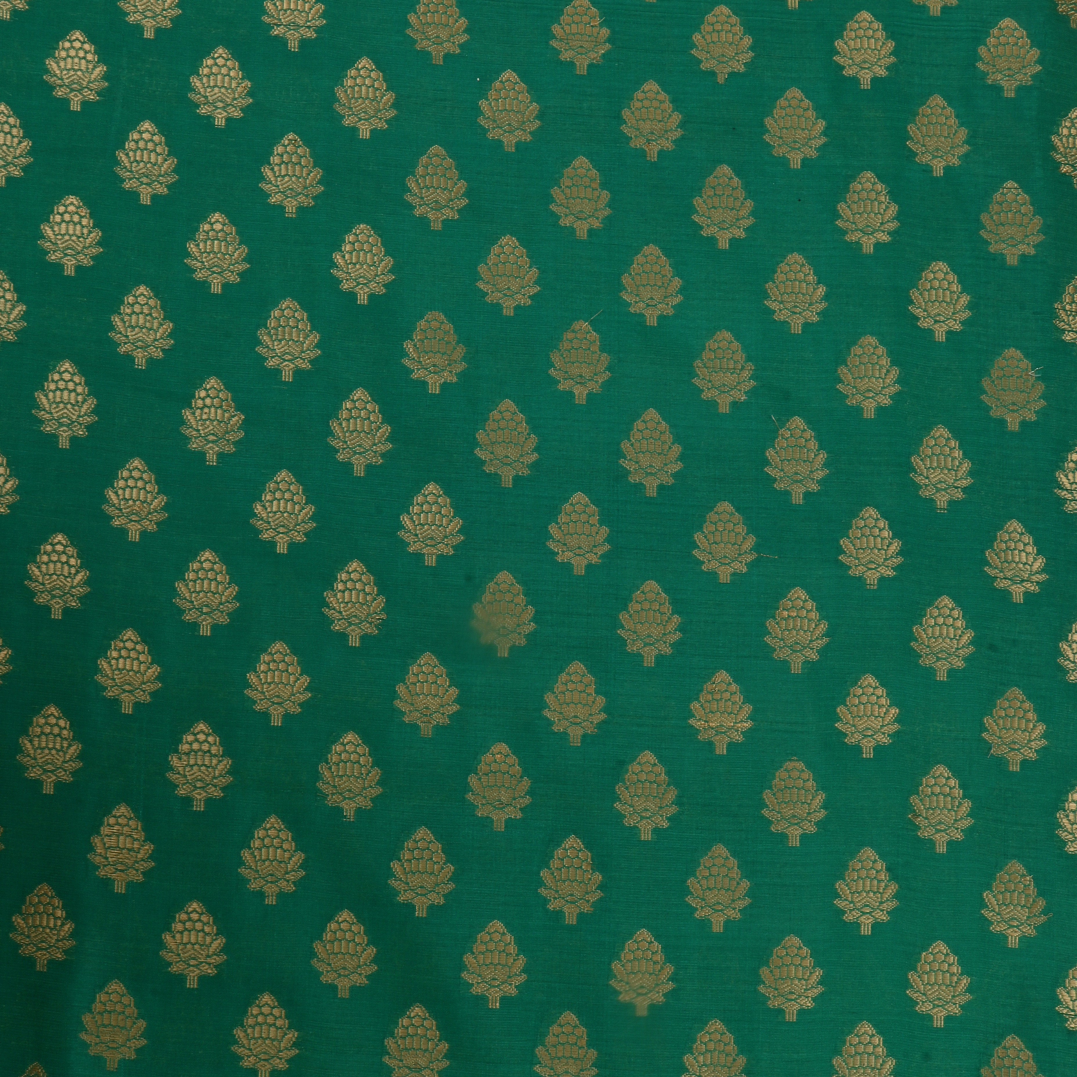 Emerald Green Jamawar Silk Fabric With Buttis