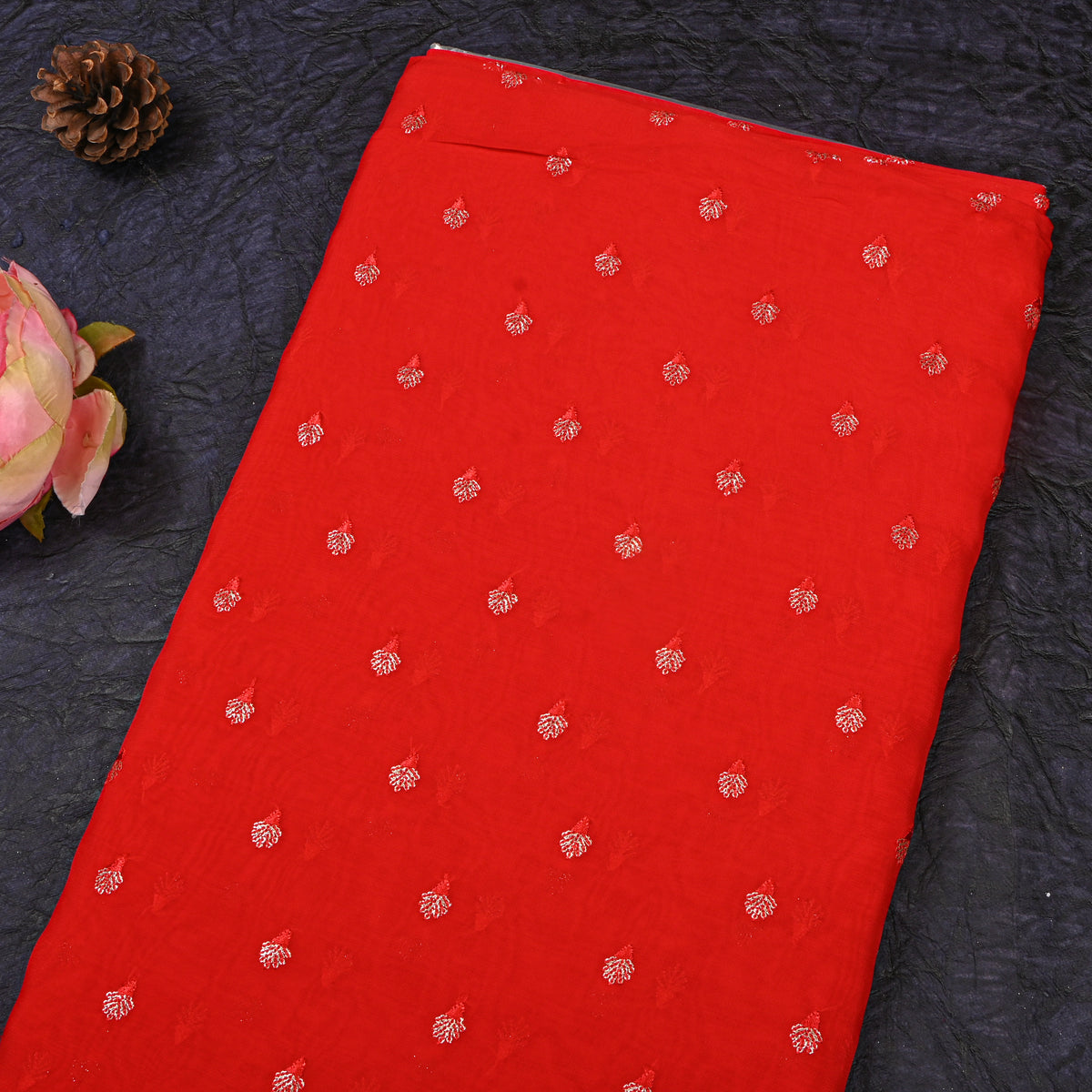 Chilli Red Zari Sequin Bud Butti Organza Fabric