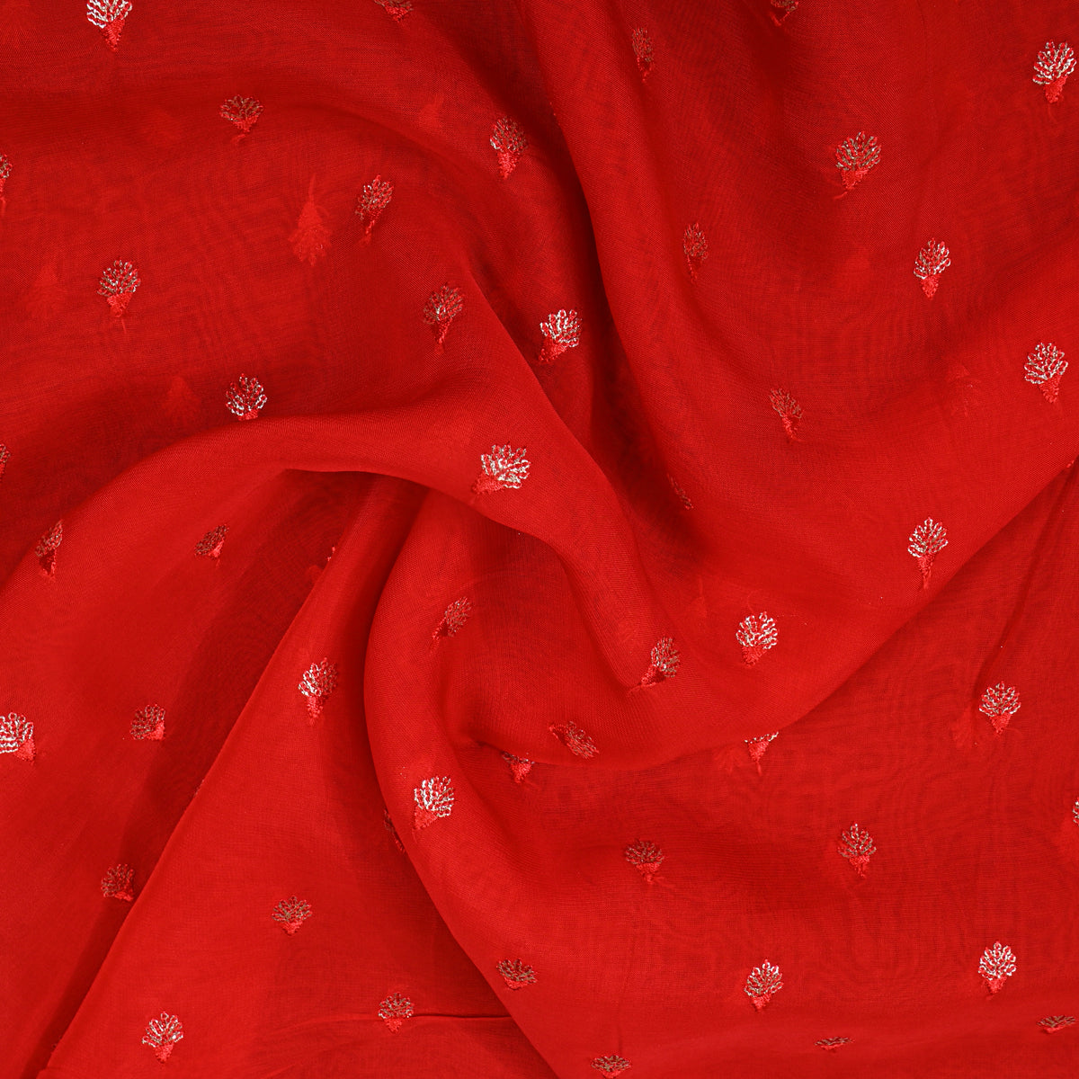 Chilli Red Zari Sequin Bud Butti Organza Fabric