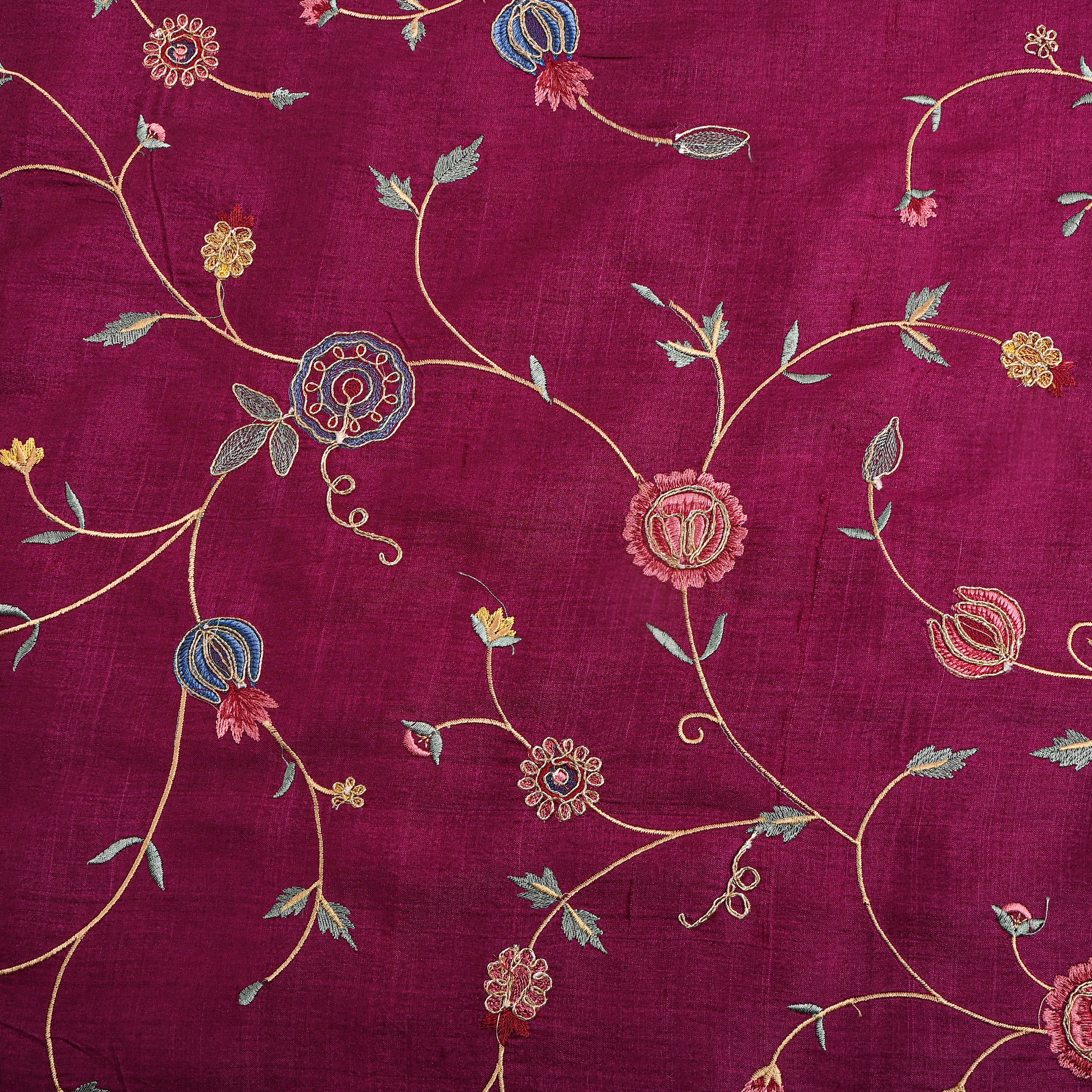 Purple Floral Jaal Thread Work Tussar Silk Fabric